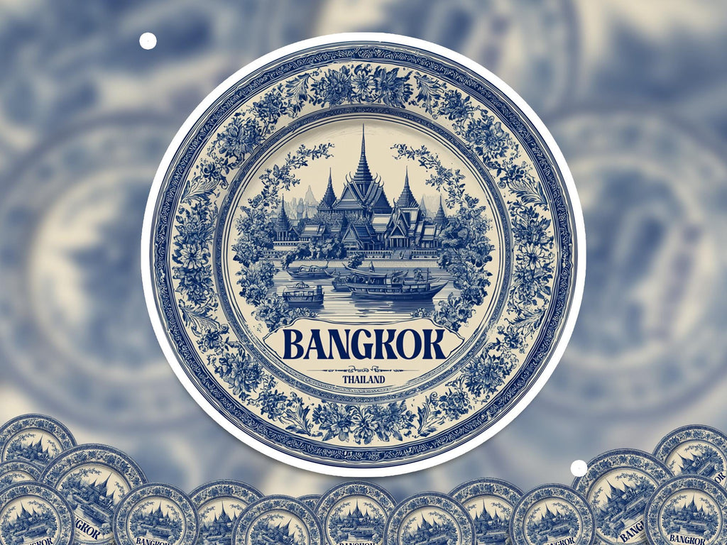 Bangkok Thailand Sticker Vintage Delft style, Delftware Decal Waterproof Vinyl, Blue City Travel