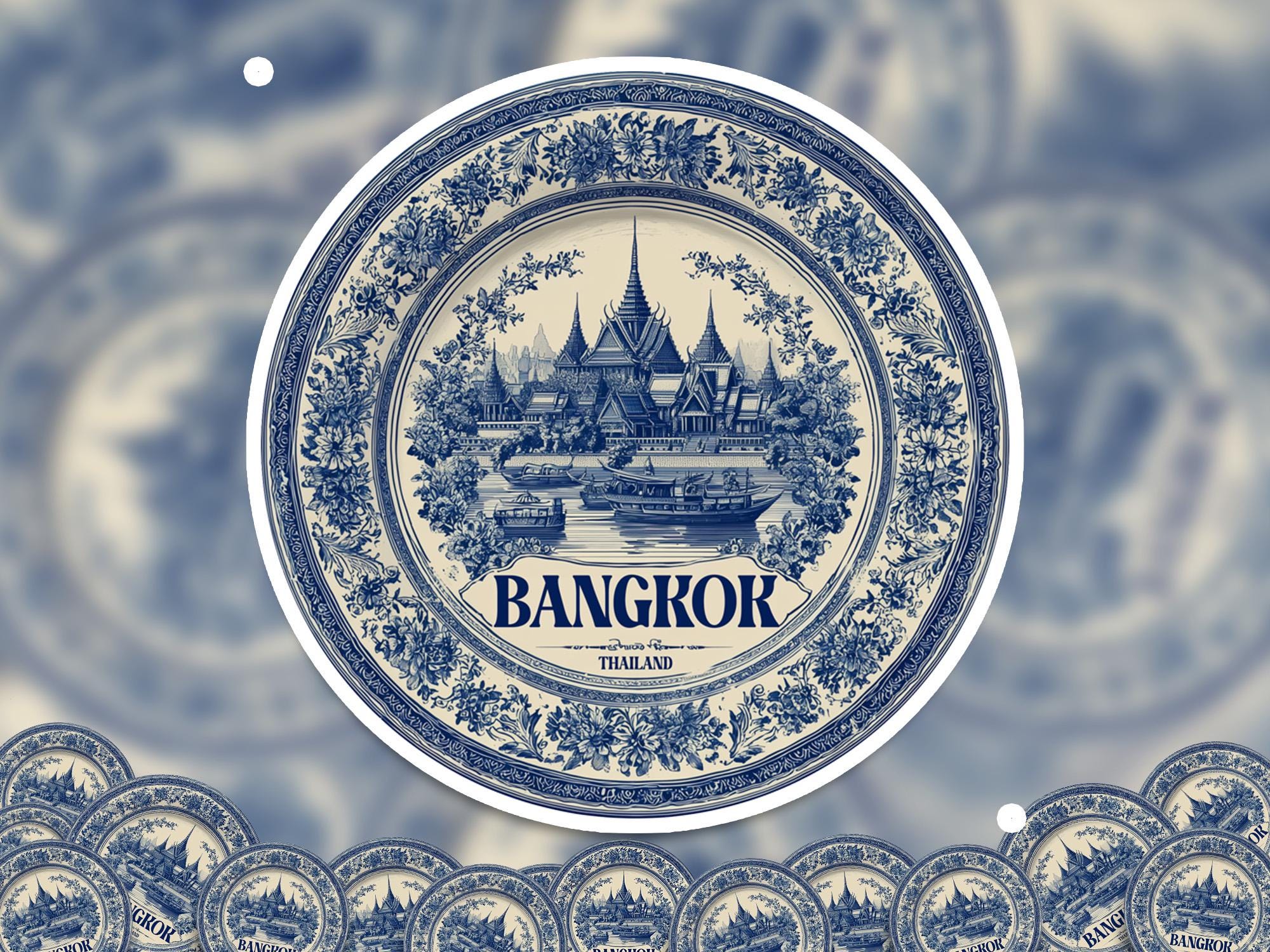 Bangkok Thailand Sticker Vintage Delft style, Delftware Decal Waterproof Vinyl, Blue City Travel
