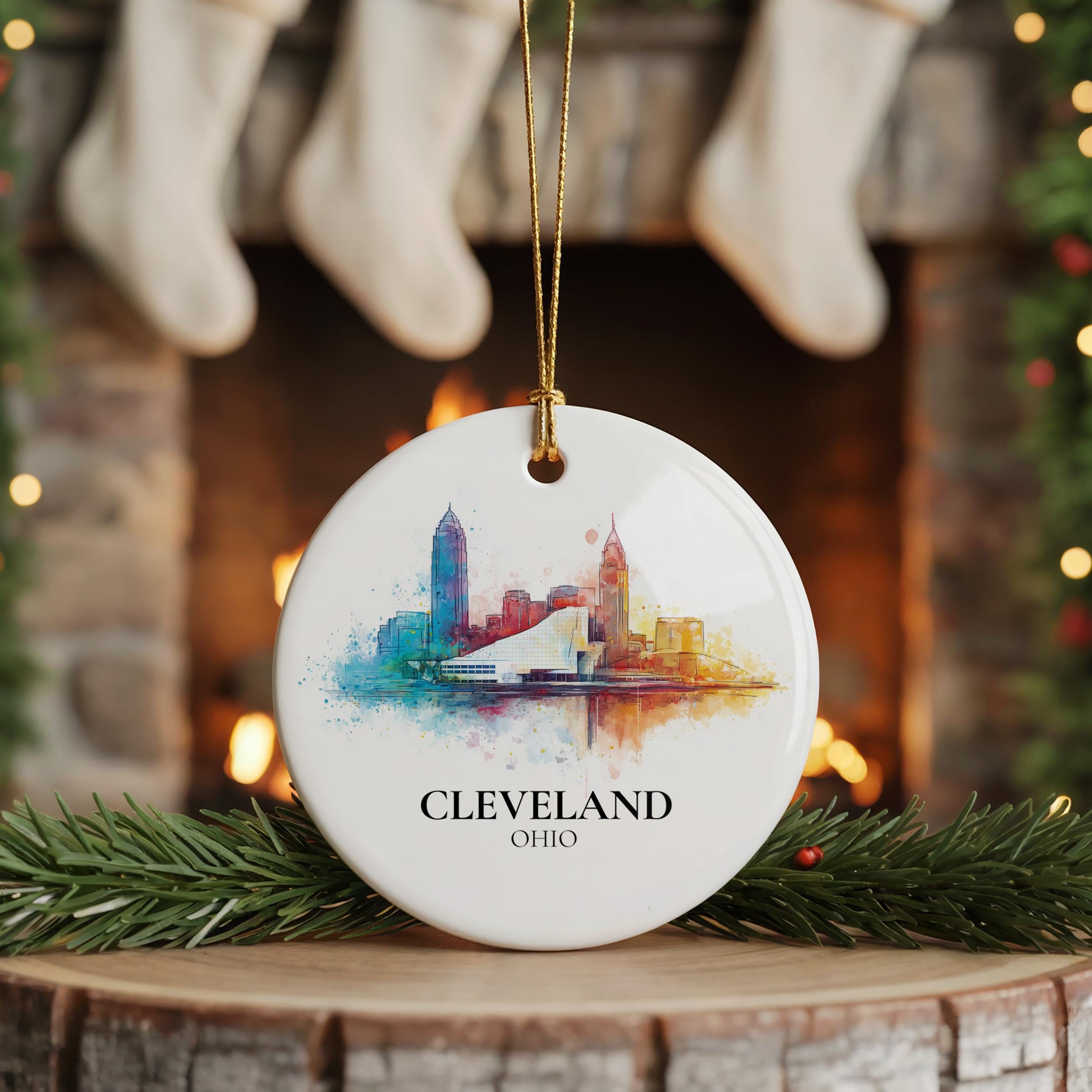Cleveland Ohio Personalized Watercolor Ornament, Custom Ceramic Christmas gift, Travel Keepsake