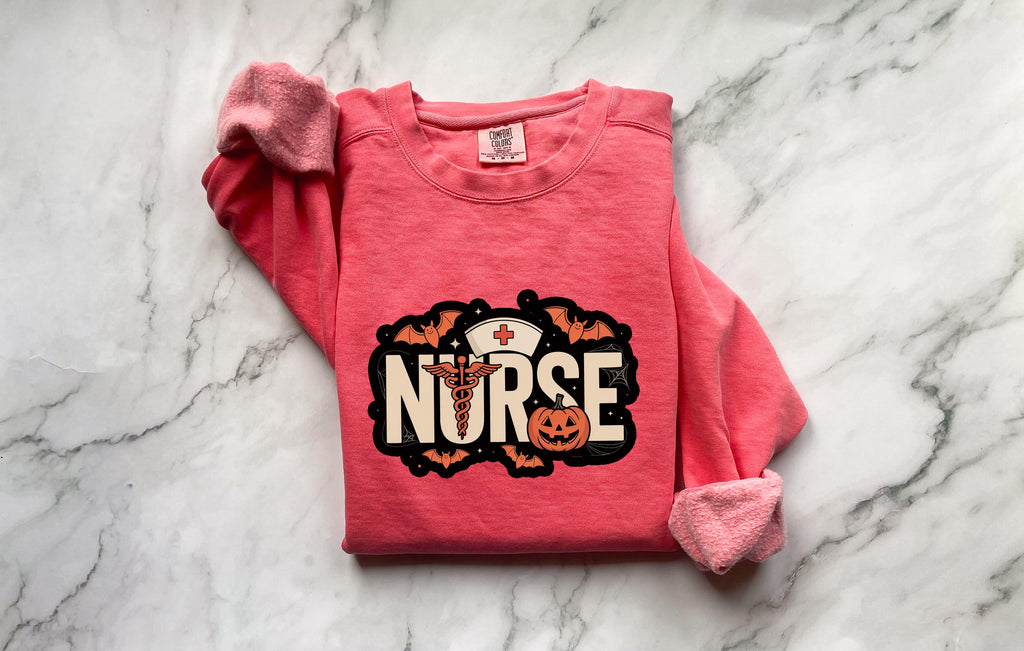 Halloween Nurse Comfort Colors Sweatshirt, Spooky RN Crewneck Pullover, Pumpkin Bat Ghost Design, Nurse Gift Fall Outfit