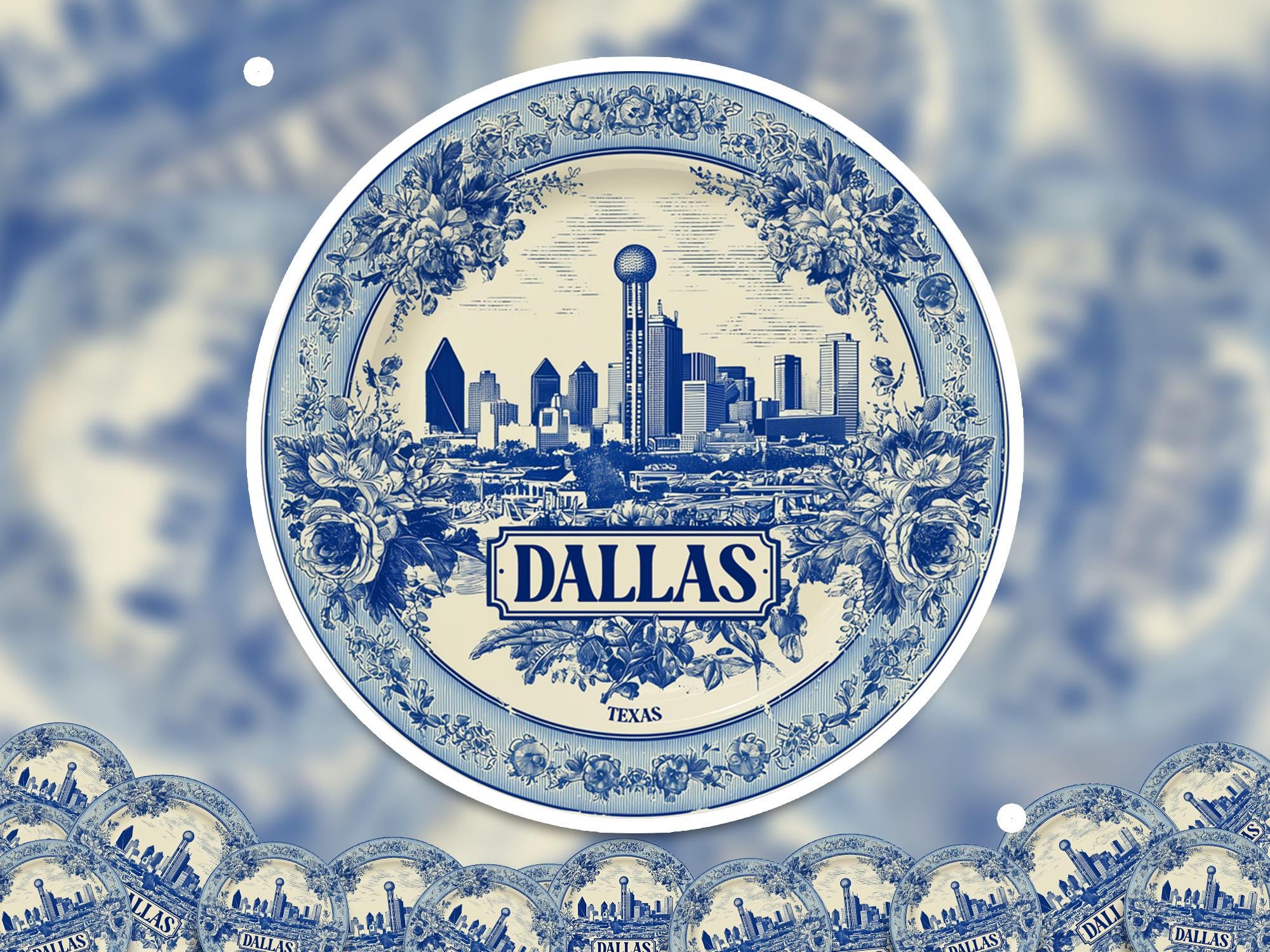 Dallas Texas Sticker Vintage Delft style, Delftware Decal Waterproof Vinyl, Blue City Travel USA