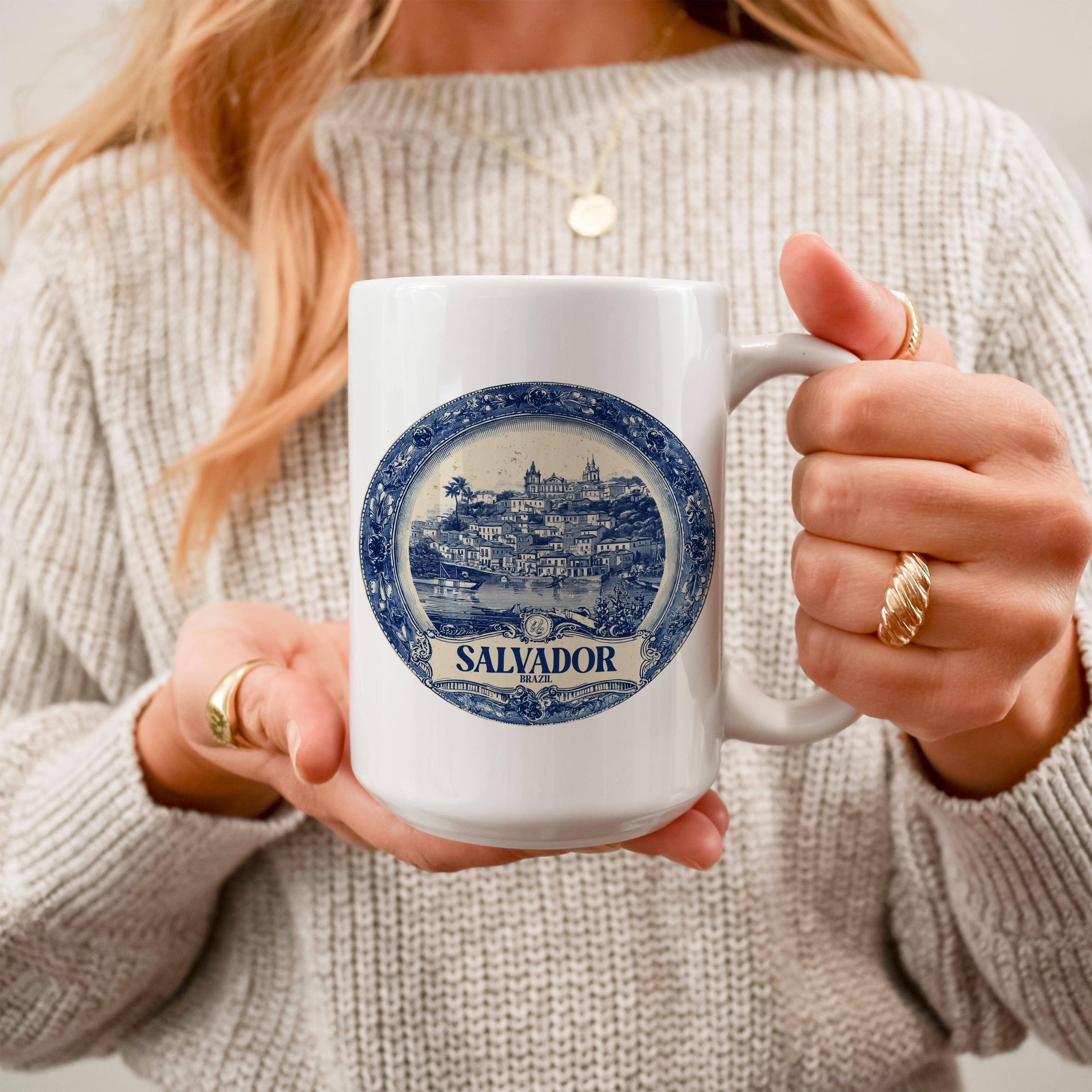 Salvador Brazil Mug, Custom Delft Style cup, Personalized Vintage Travel City Gift