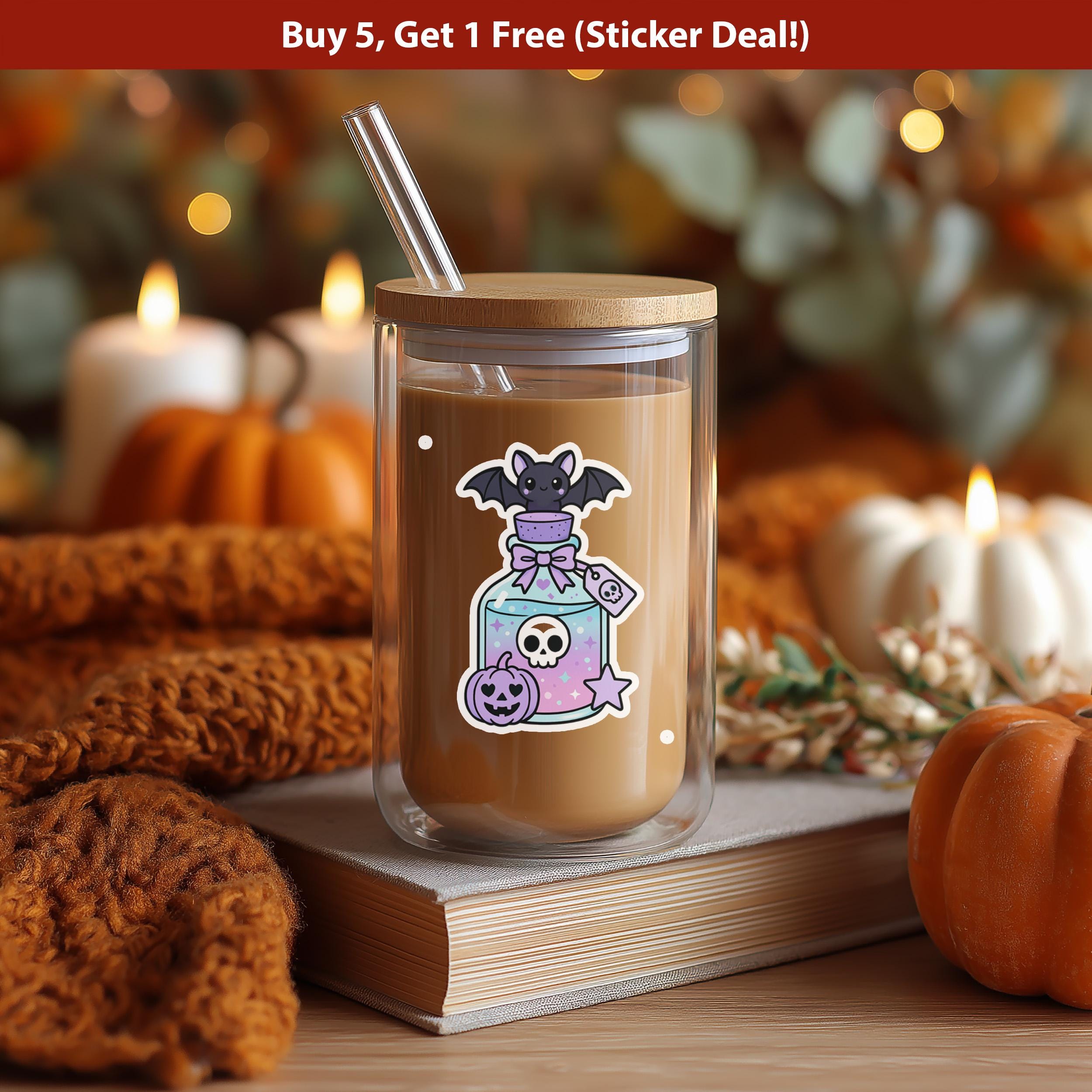 kawaii Bat Potion Sticker, Cute Spooky Bottle Decal, Pink Halloween Goth Vinyl Sticker
