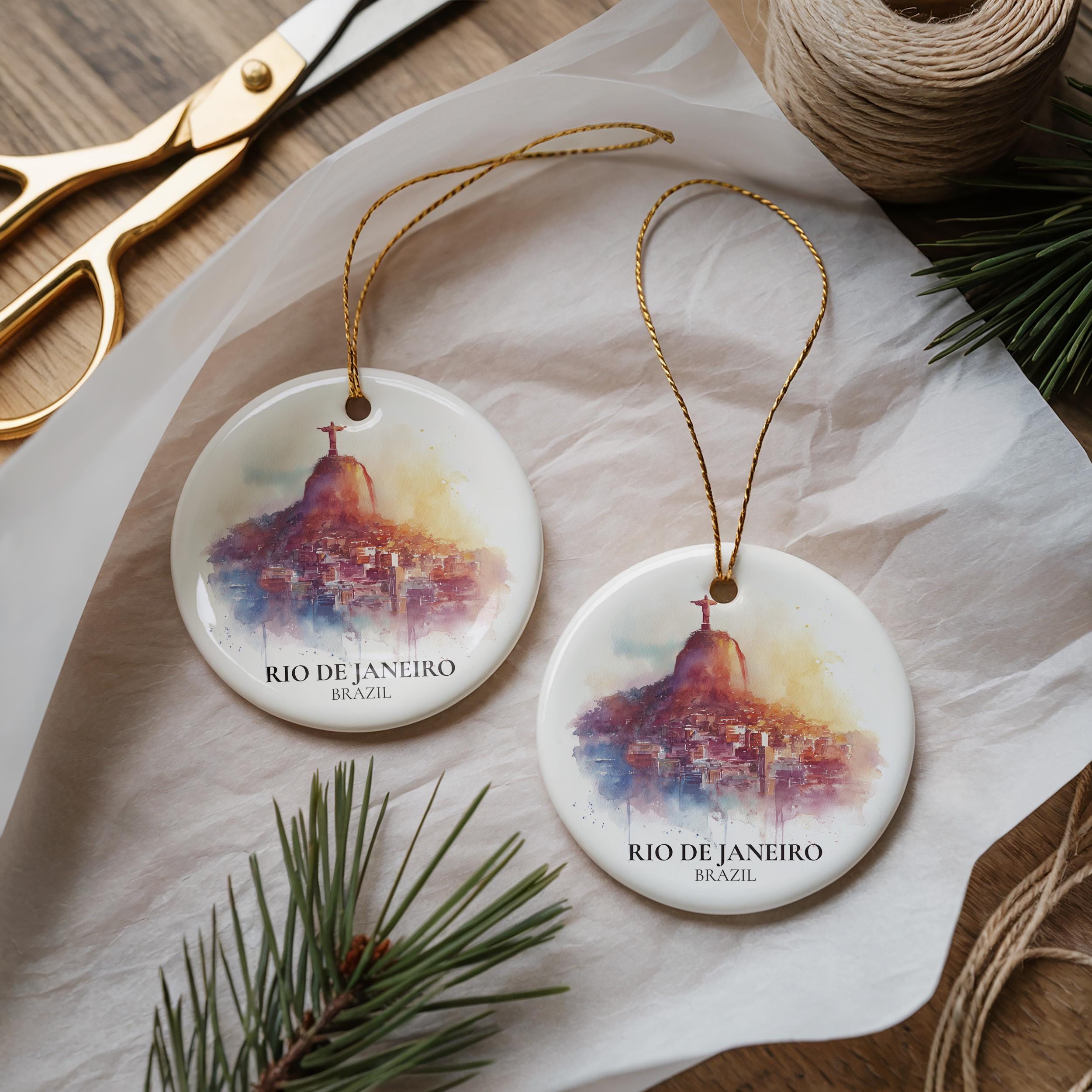 Rio Brazil Personalized Watercolor Ornament, Custom Ceramic Christmas gift, Travel Keepsake