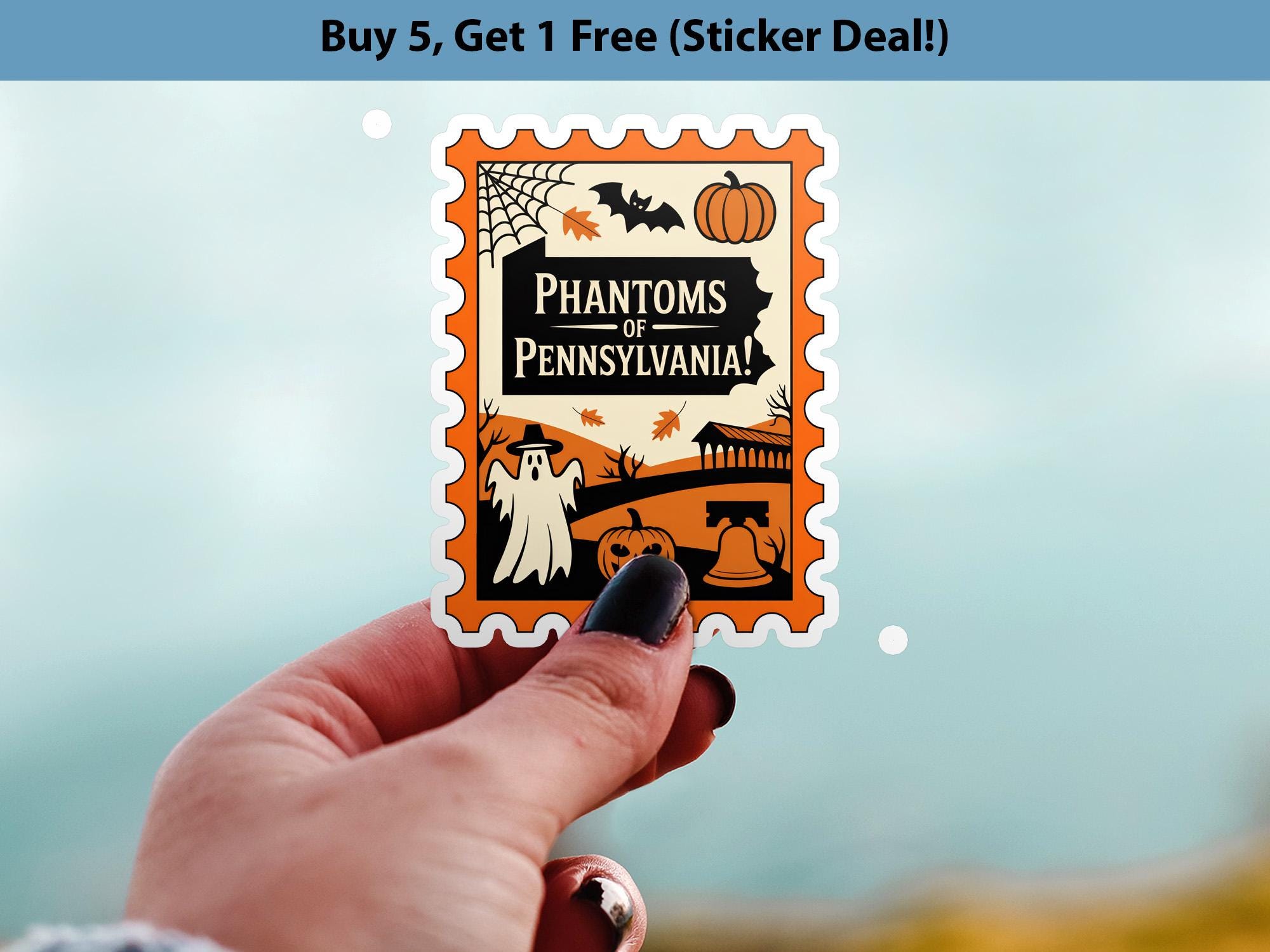 Pennsylvania Stamp Halloween Sticker, Spooky USA Kiss-Cut Vinyl, Waterproof Decal, United States Travel