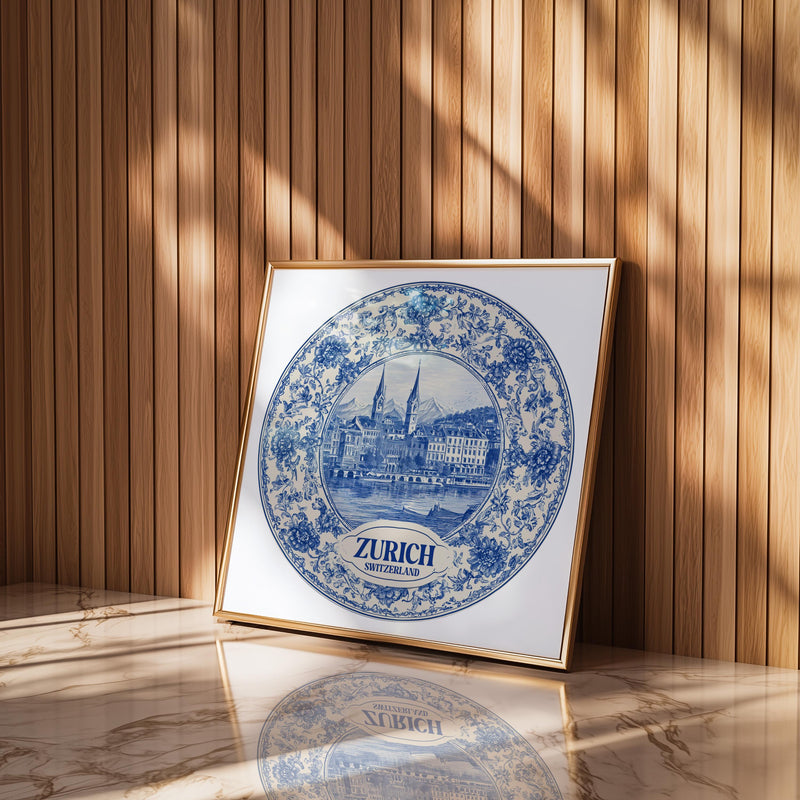 Zurich Switzerland Wall Art, Vintage Delft Blue Poster, City Print, Travel Home Decor