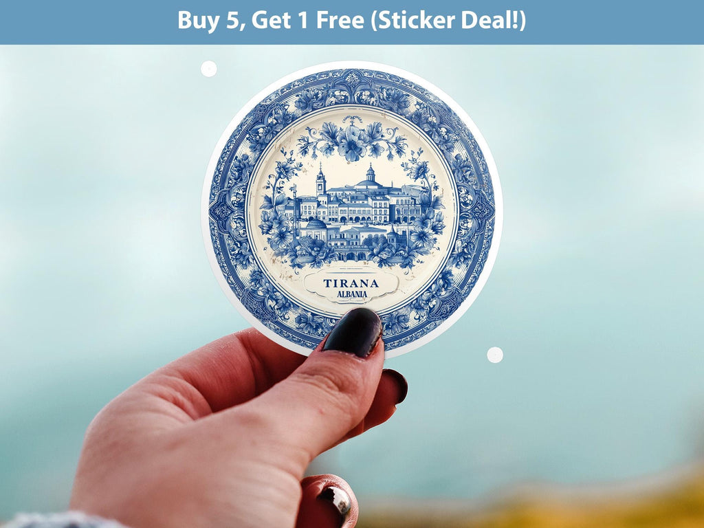 Tirana Albania Sticker Vintage Delft style, Delftware Decal Waterproof Vinyl, Blue City Travel
