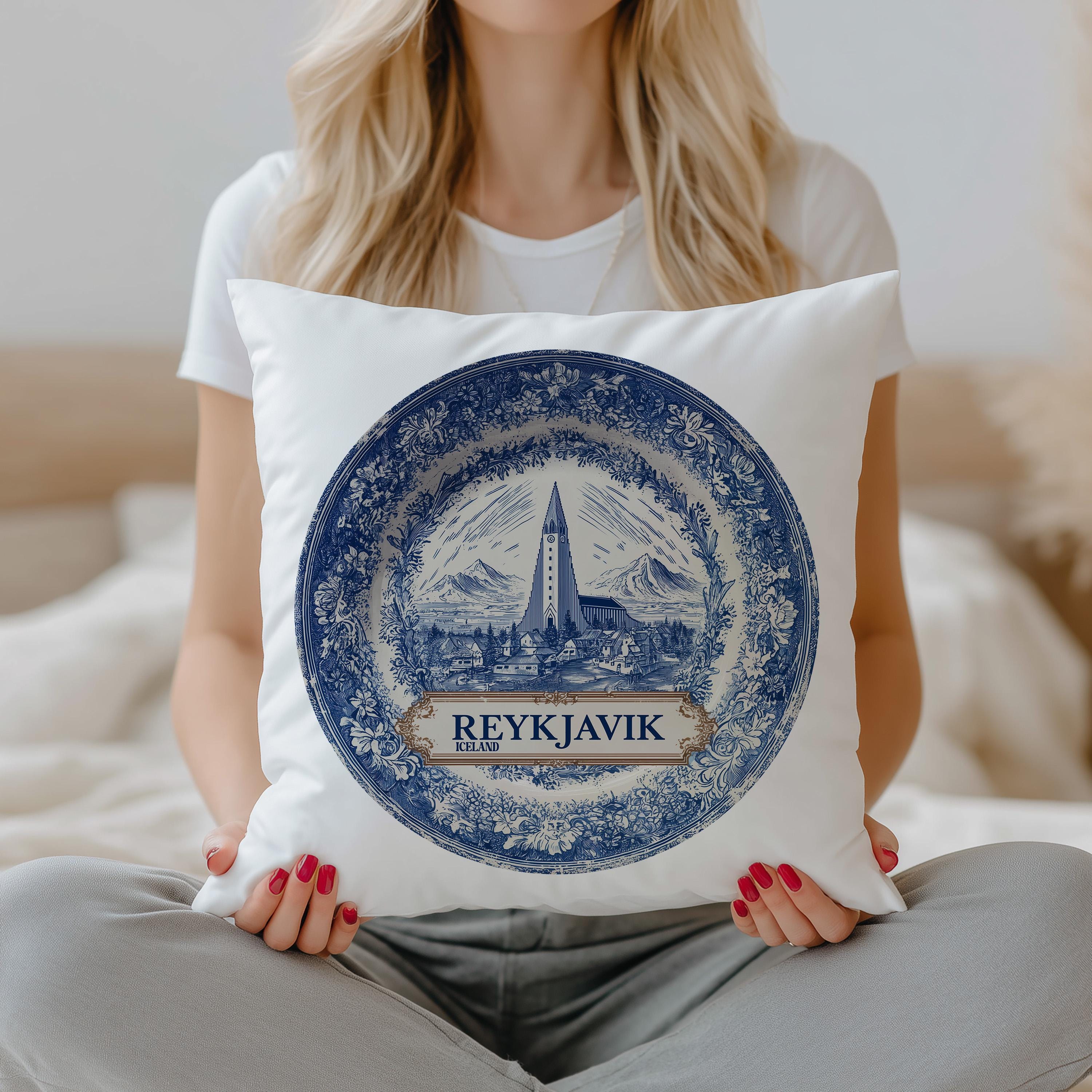 Reykjavik Iceland Pillowcase, Delft Style Decorative Throw Pillow, Vintage Cityscape Retro Home Decor