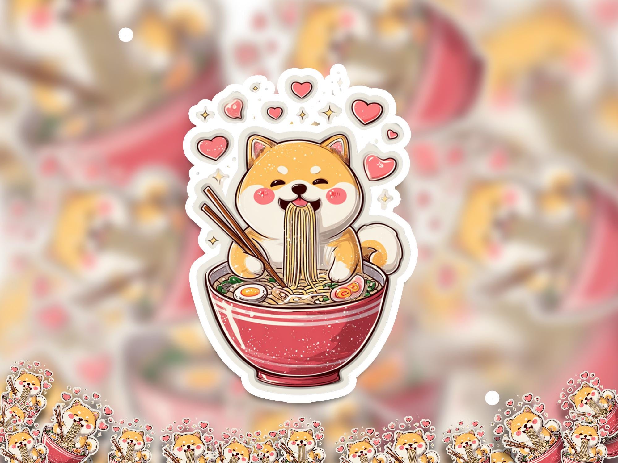shiba eats ramen cute kawaii Sticker, Kiss-Cut Vinyl Decals, Waterproof Stickers for Laptop & Tumbler, Cute Vinyl Decal Stickers