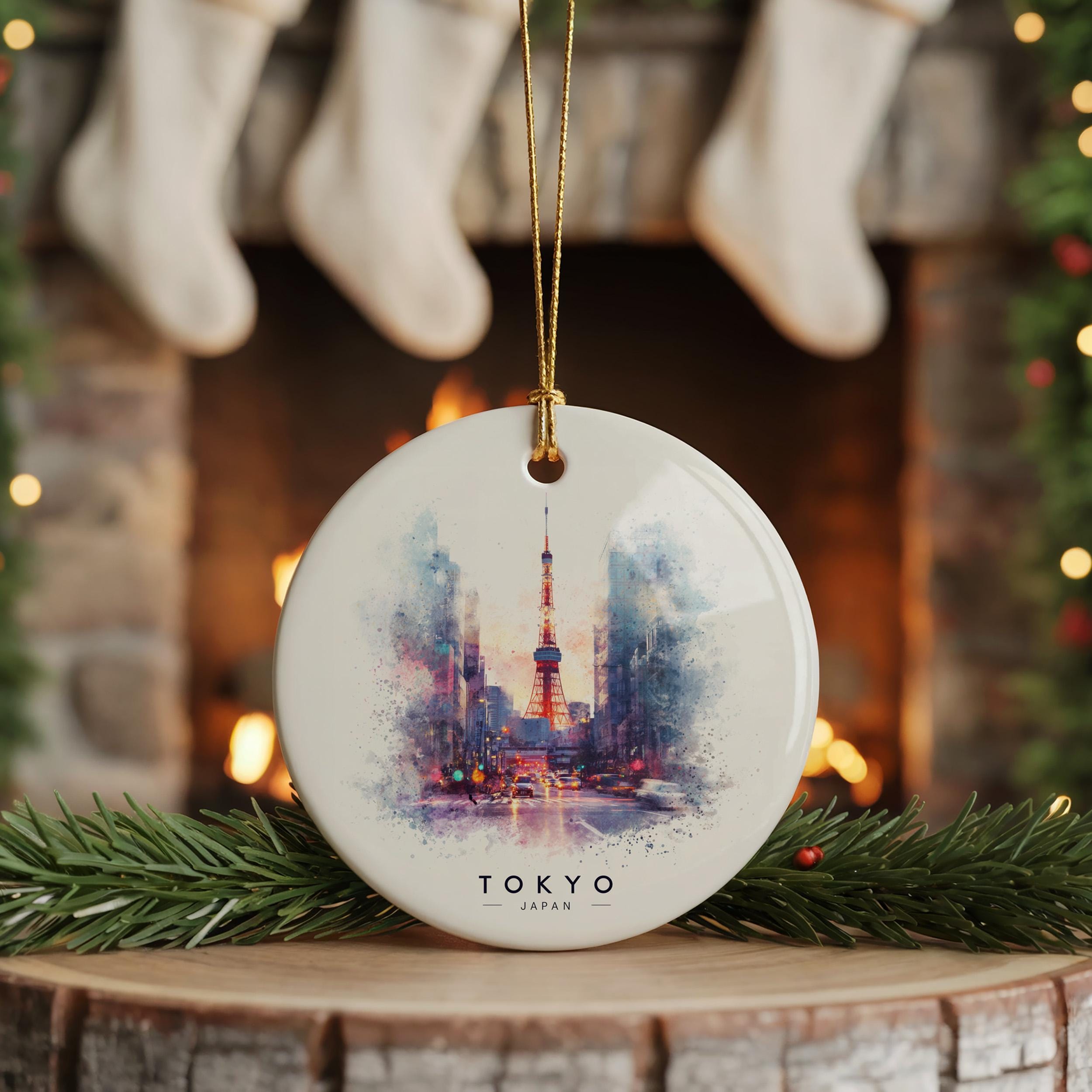 Tokyo Japan Personalized Watercolor Ornament, Custom Ceramic Christmas gift, Travel Keepsake
