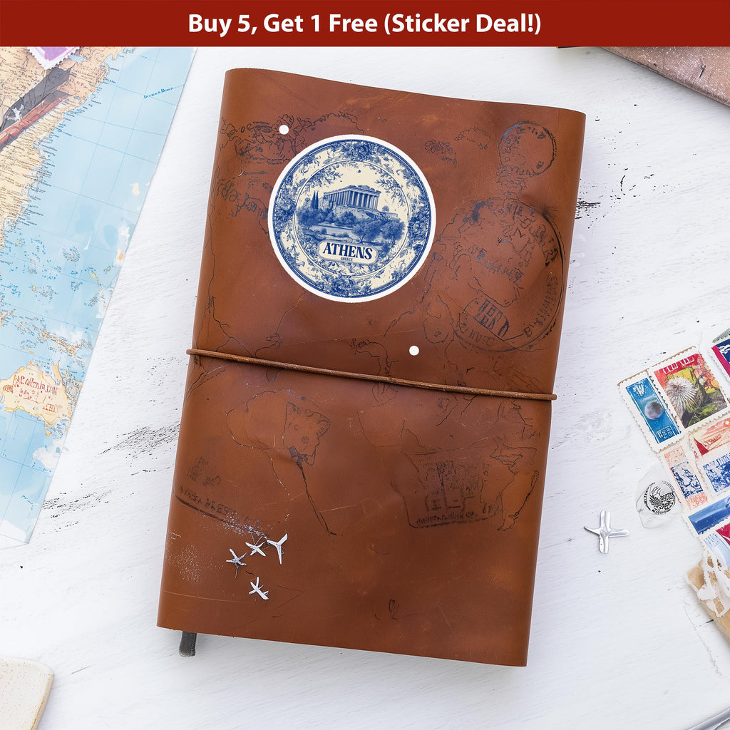 Athens Greece Sticker Vintage Delft style, Delftware Decal Waterproof Vinyl, Blue City Travel