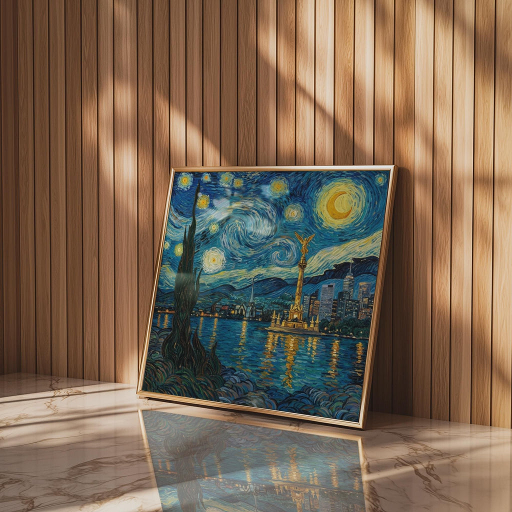 Mexico City Skyline Wall Art, Van Gogh Style Framed Canvas, Angel de la Independencia