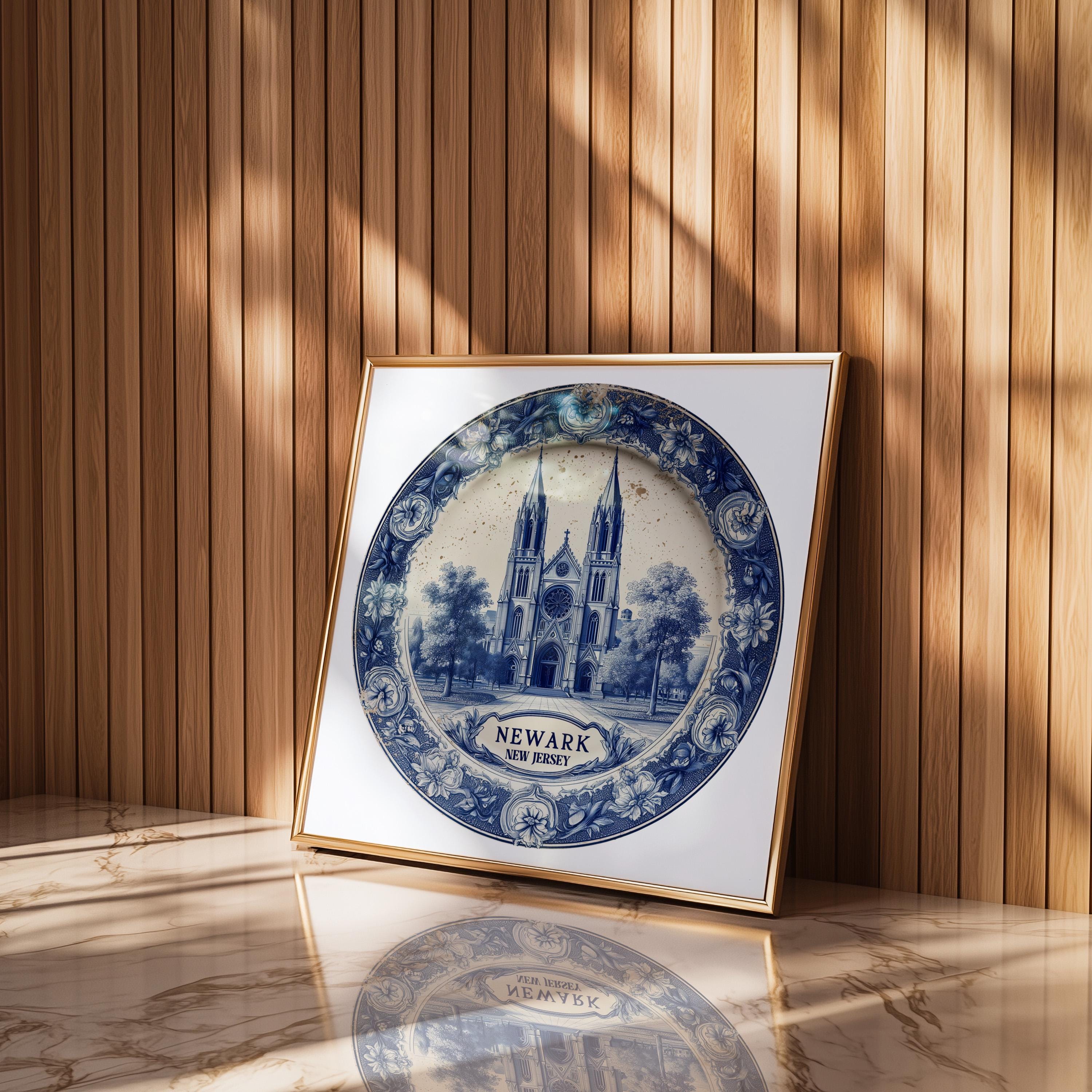 Newark New Jersey Wall Art, Vintage Delft Blue Poster, City Print, Travel Home Decor