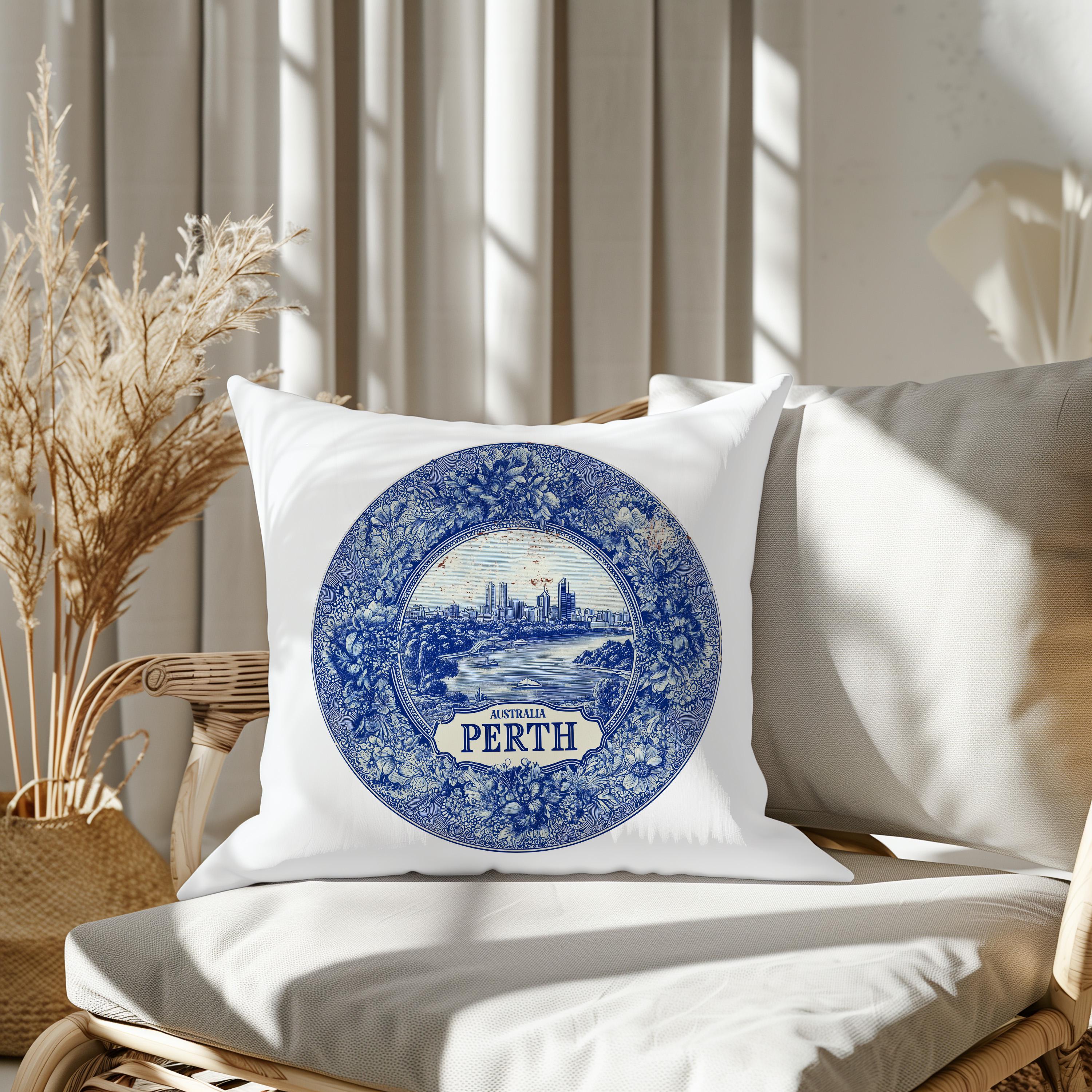 Perth Australia Pillowcase, Delft Style Decorative Throw Pillow, Vintage Cityscape Retro Home Decor