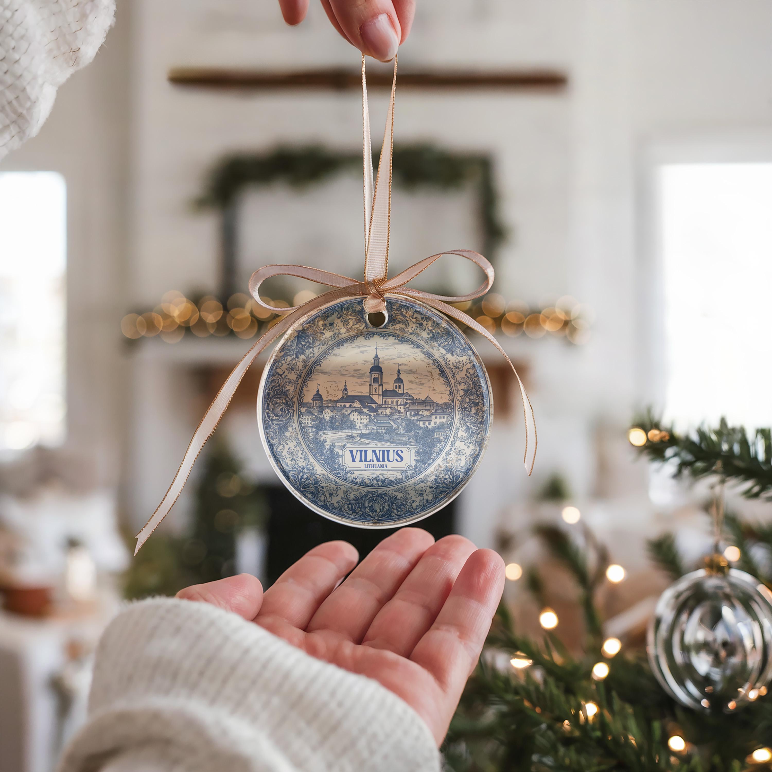 Custom Vilnius Lithuania Ceramic Delft Ornament, Christmas Delftware Blue Delftware city travel