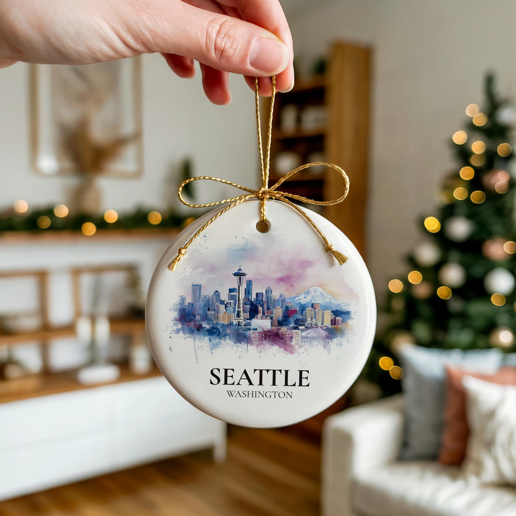Seattle Washington Personalized Watercolor Ornament, Custom Ceramic Christmas gift, Travel Keepsake