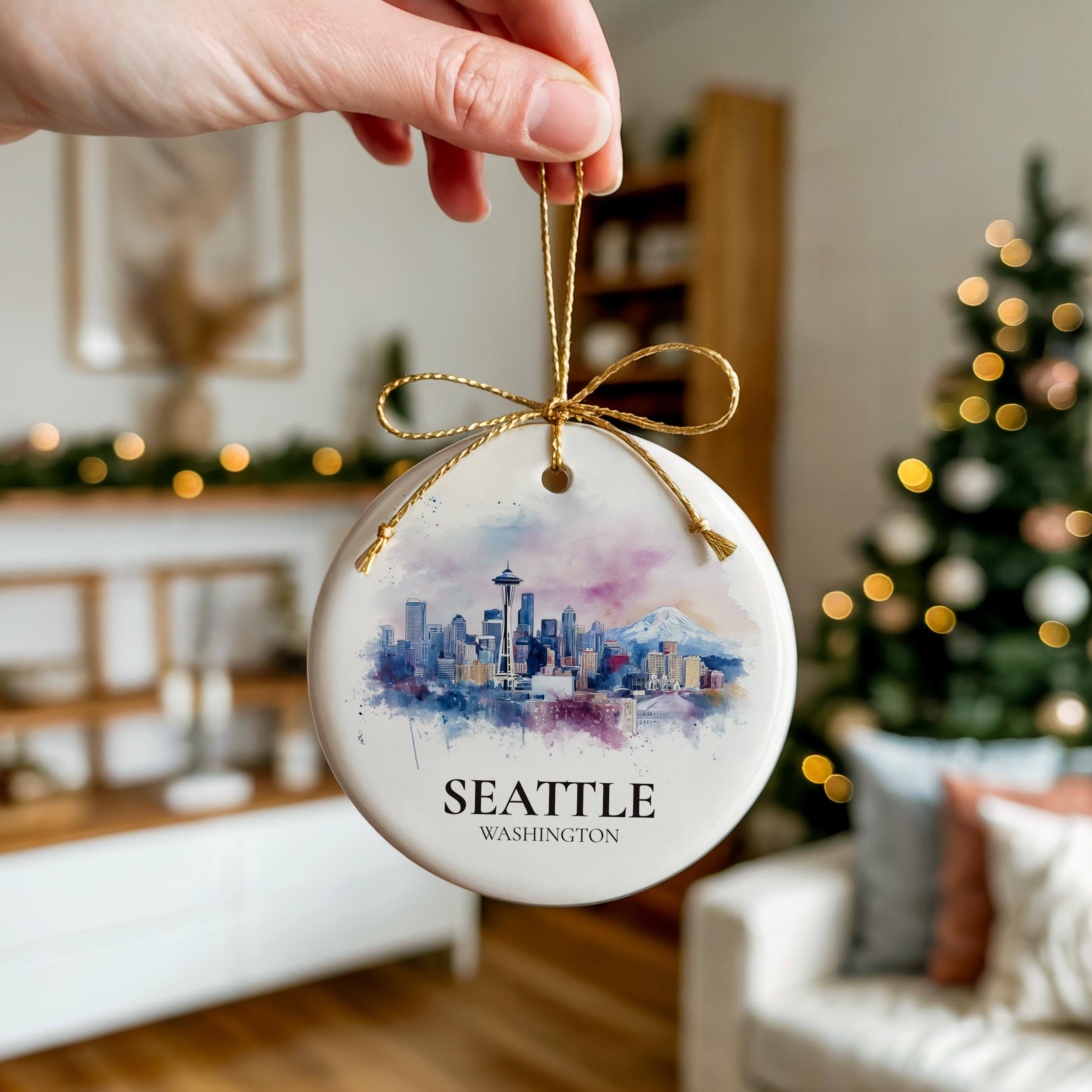 Seattle Washington Personalized Watercolor Ornament, Custom Ceramic Christmas gift, Travel Keepsake