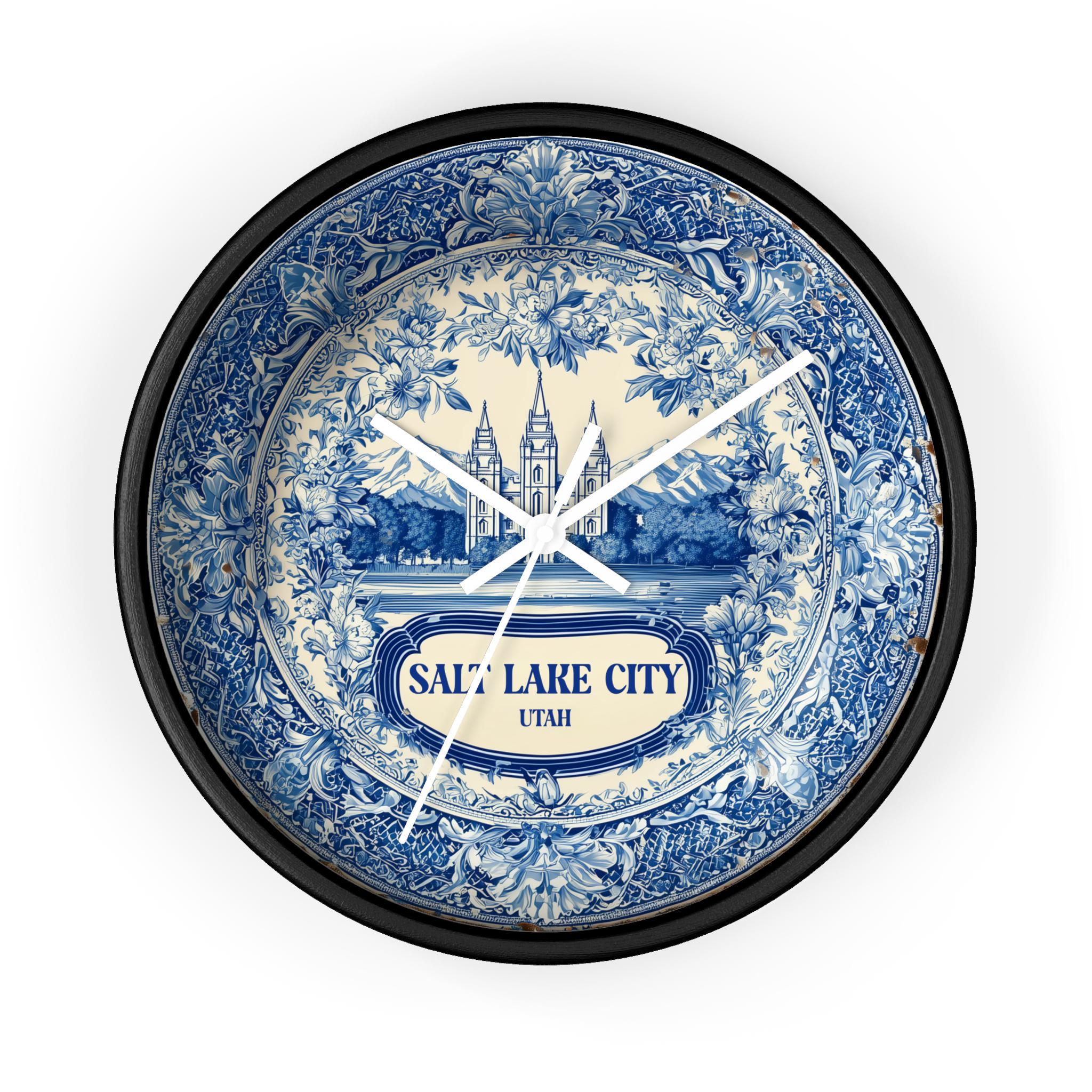 Salt Lake City Utah Wall Clock, Delf style Home Decor, Vintage City Travel Keepsake Art