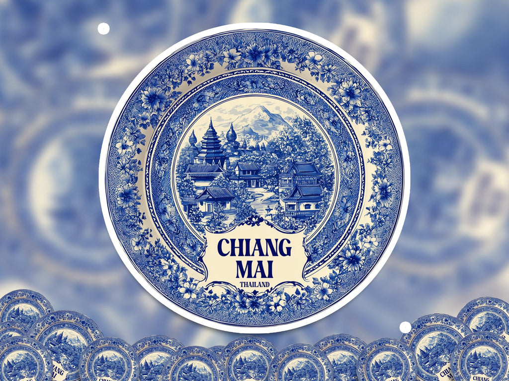 Chiang Mai Thailand Sticker Vintage Delft style, Delftware Decal Waterproof Vinyl, Blue City Travel