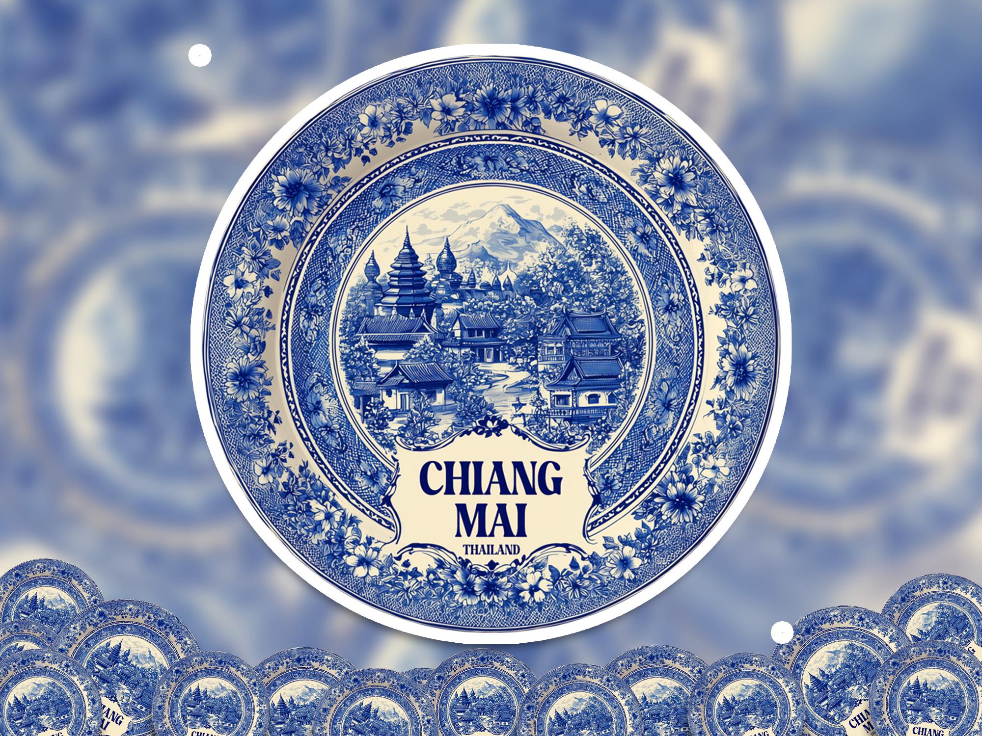 Chiang Mai Thailand Sticker Vintage Delft style, Delftware Decal Waterproof Vinyl, Blue City Travel