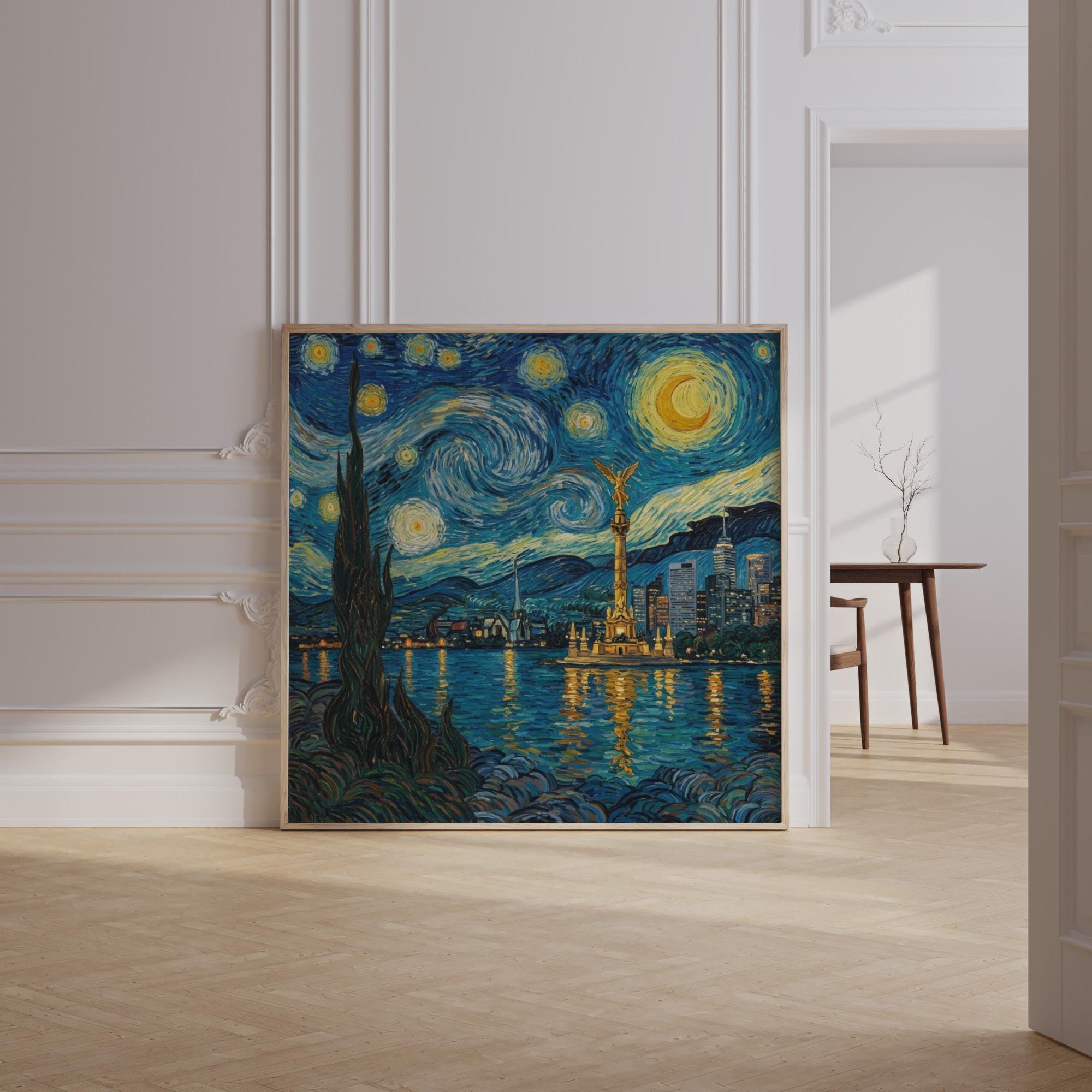Mexico City Skyline Wall Art, Van Gogh Style Framed Canvas, Angel de la Independencia