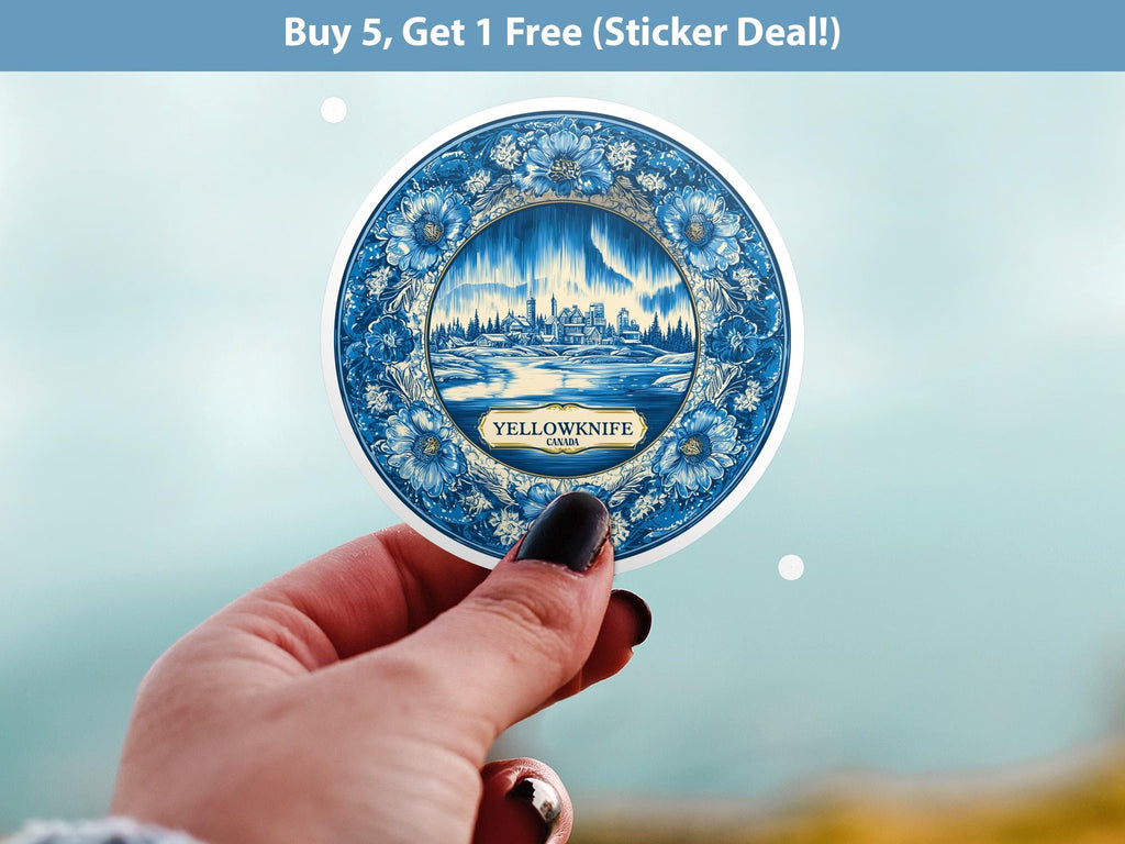 Yellowknife Canada Sticker Vintage Delft style, Delftware Decal Waterproof Vinyl, Blue City Travel