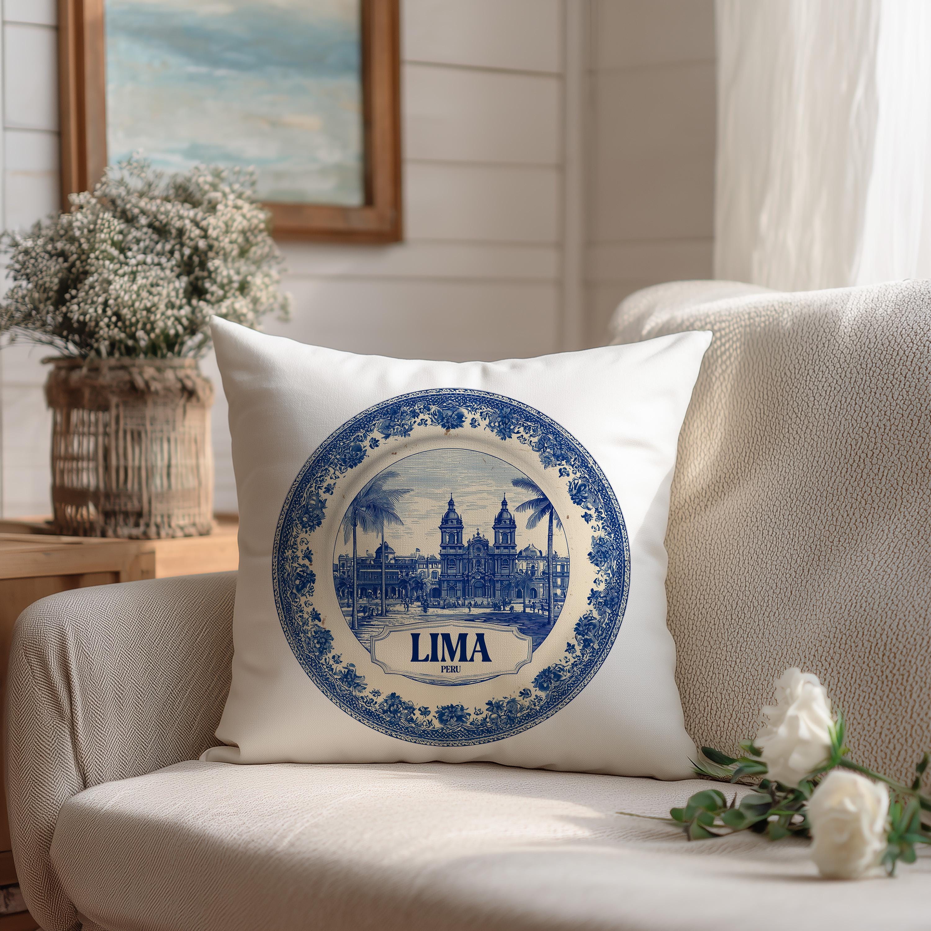 Lima Peru Pillowcase, Delft Style Decorative Throw Pillow, Vintage Cityscape Retro Home Decor