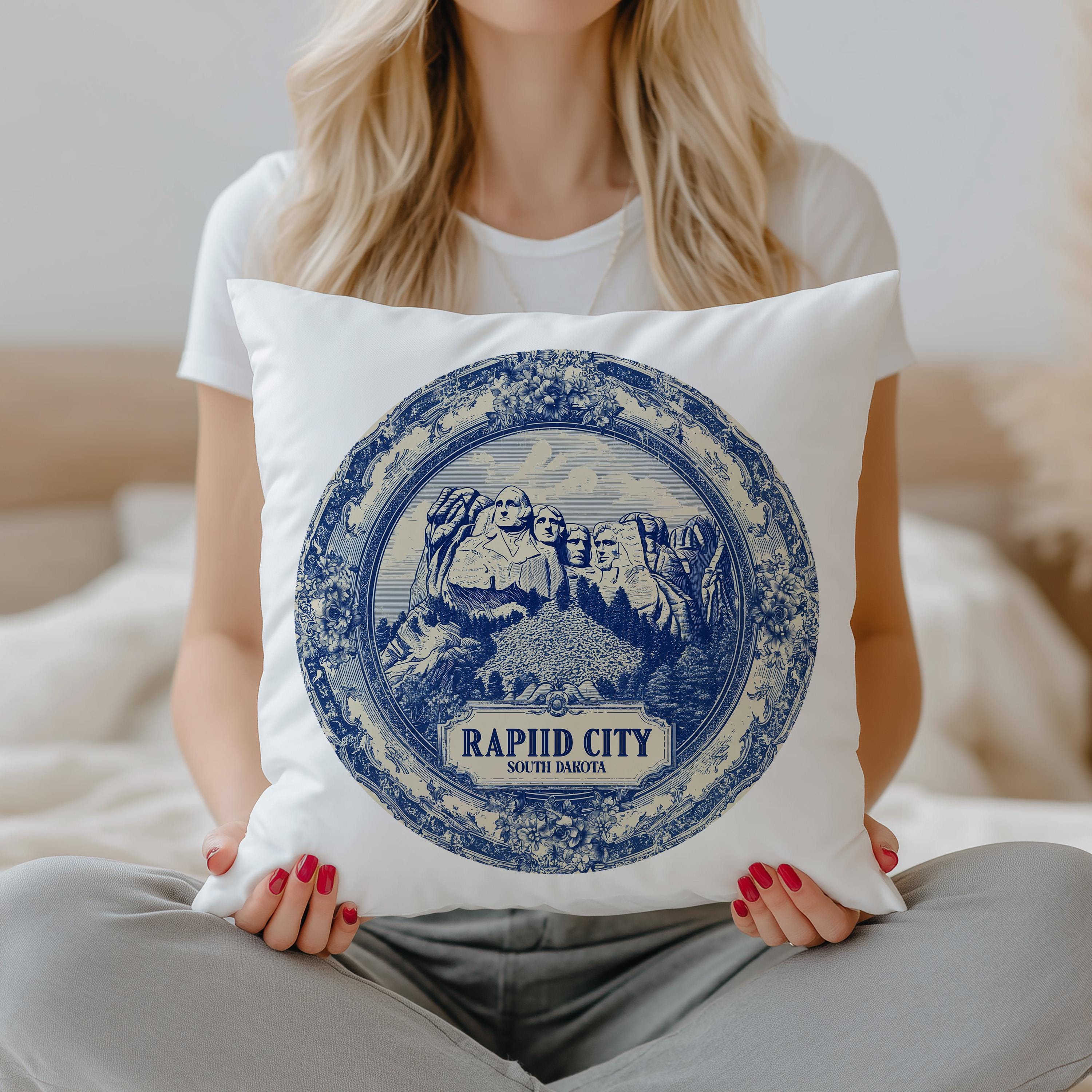 Rapid City South Dakota Pillowcase, Delft Style Decorative Throw Pillow, Vintage Cityscape Retro Home Decor