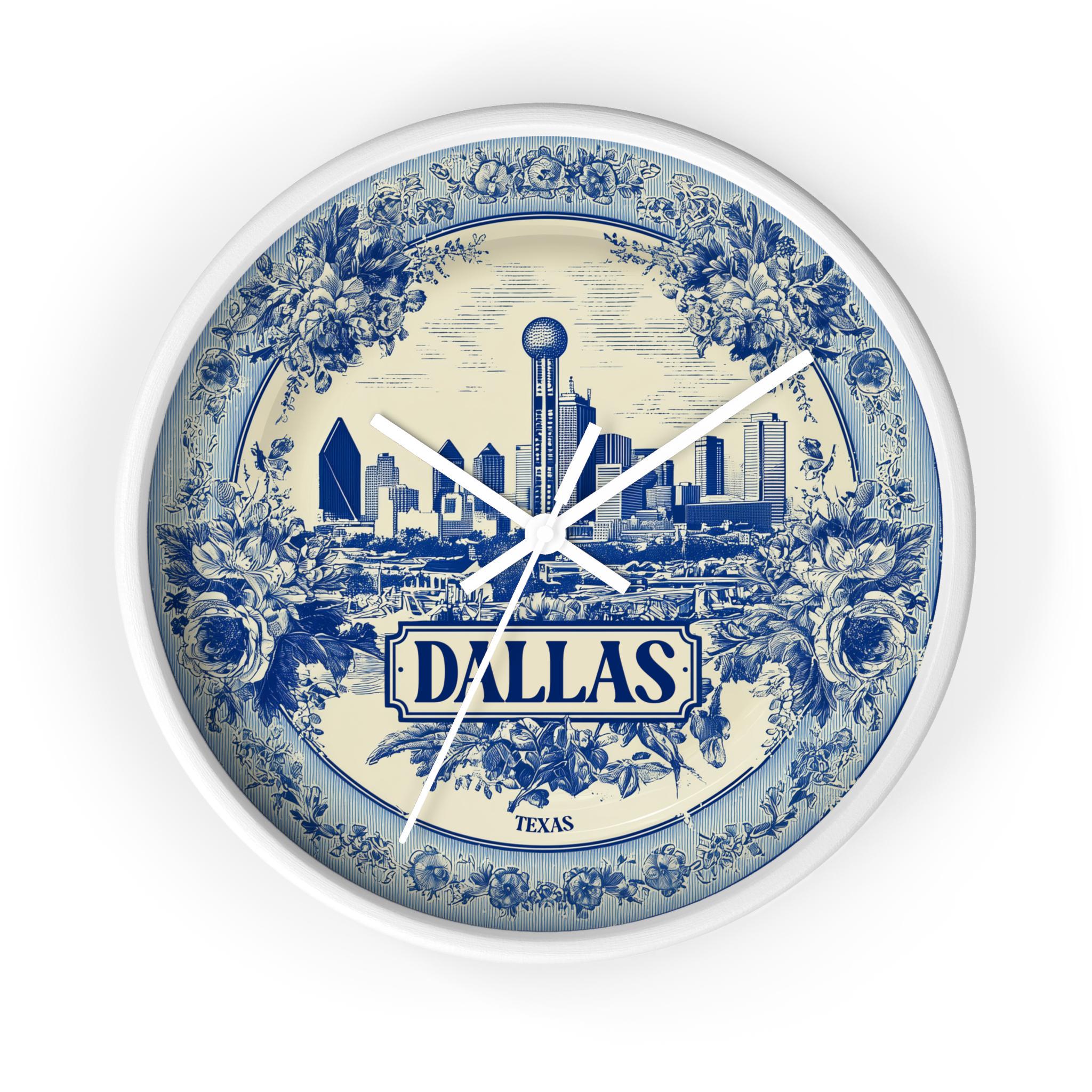 Dallas Texas Wall Clock, Delf style Home Decor, Vintage City Travel Keepsake Art