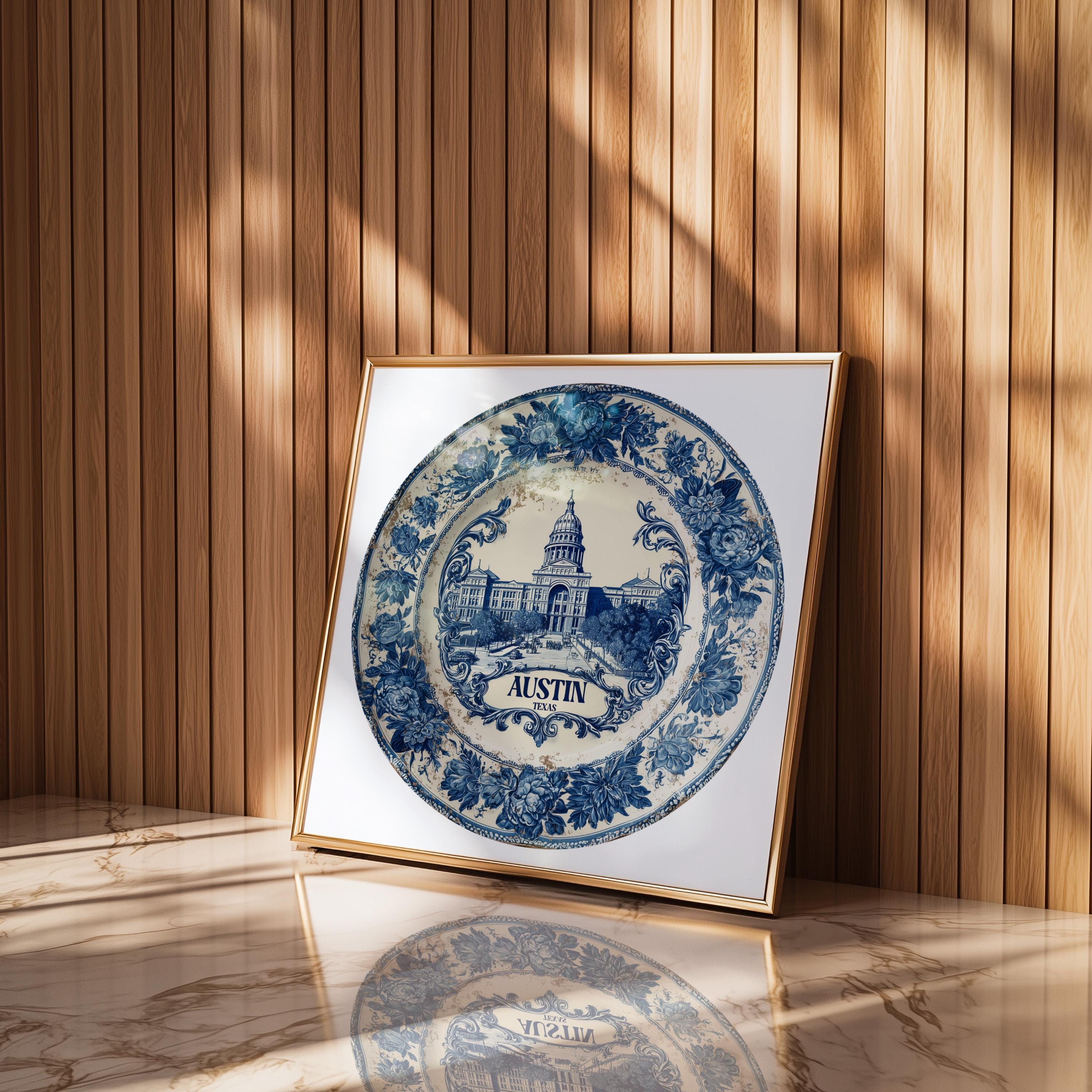 Austin Texas Wall Art, Vintage Delft Blue Poster, City Print, Travel Home Decor