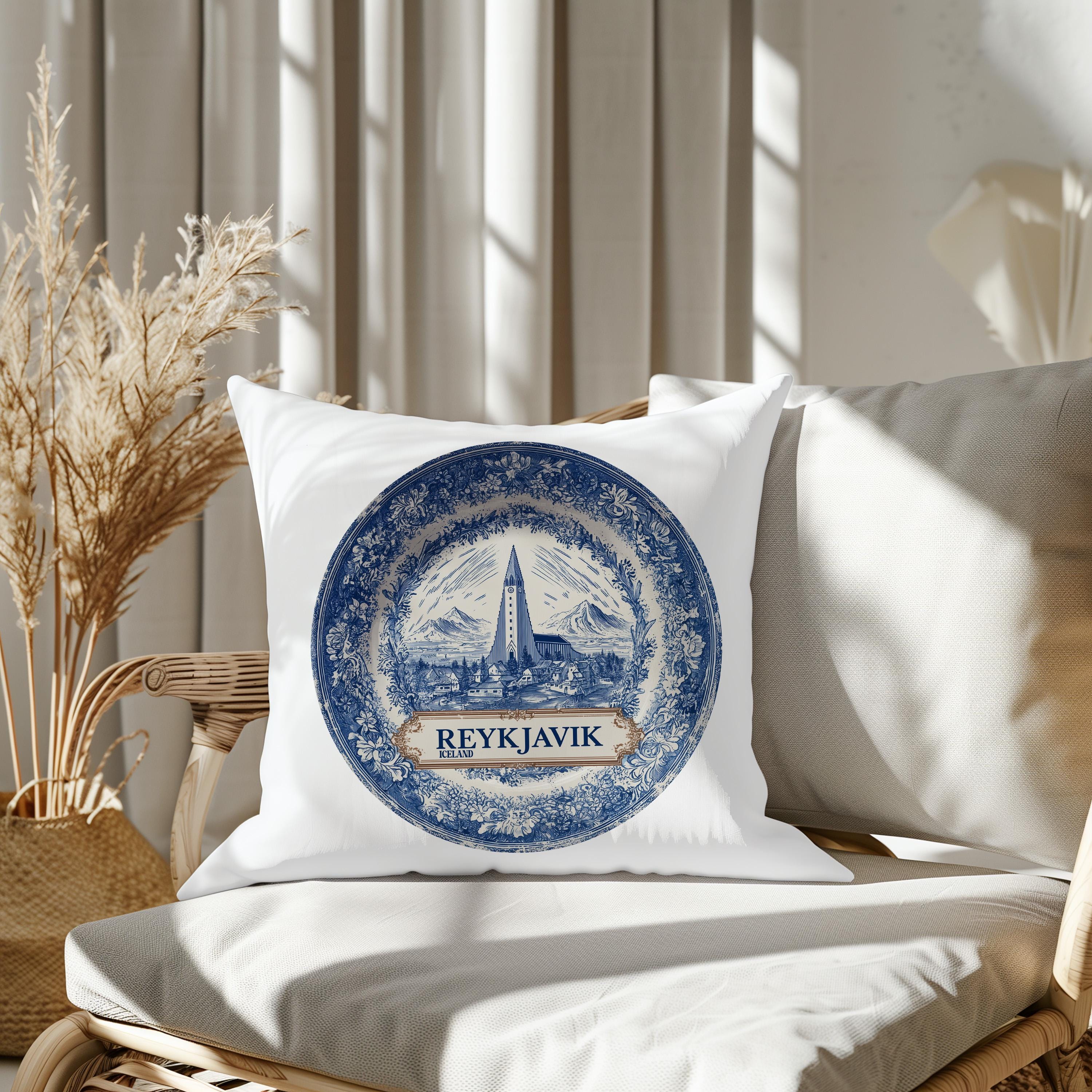 Reykjavik Iceland Pillowcase, Delft Style Decorative Throw Pillow, Vintage Cityscape Retro Home Decor