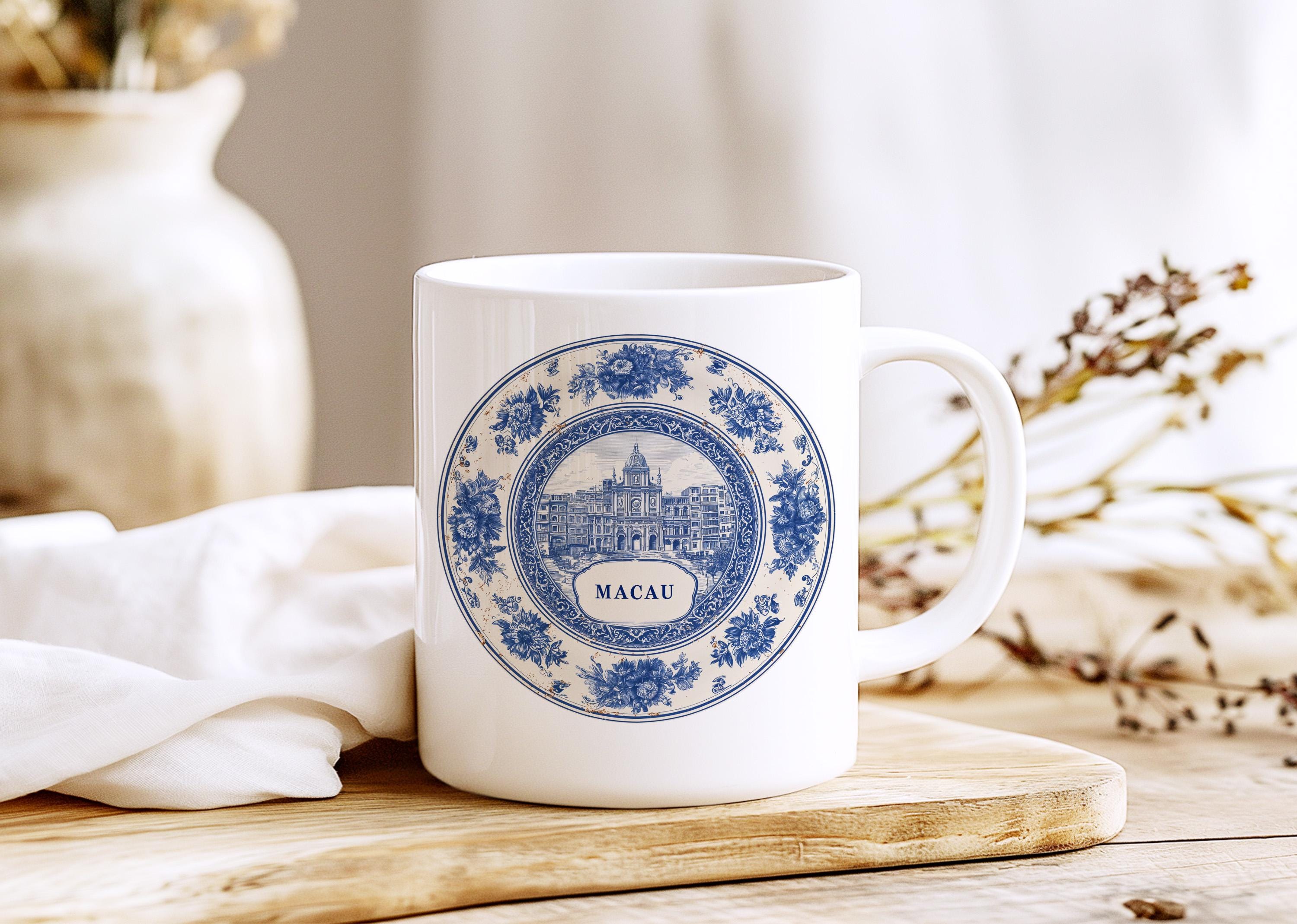Macau China Mug, Custom Delft Style cup, Personalized Vintage Travel City Gift