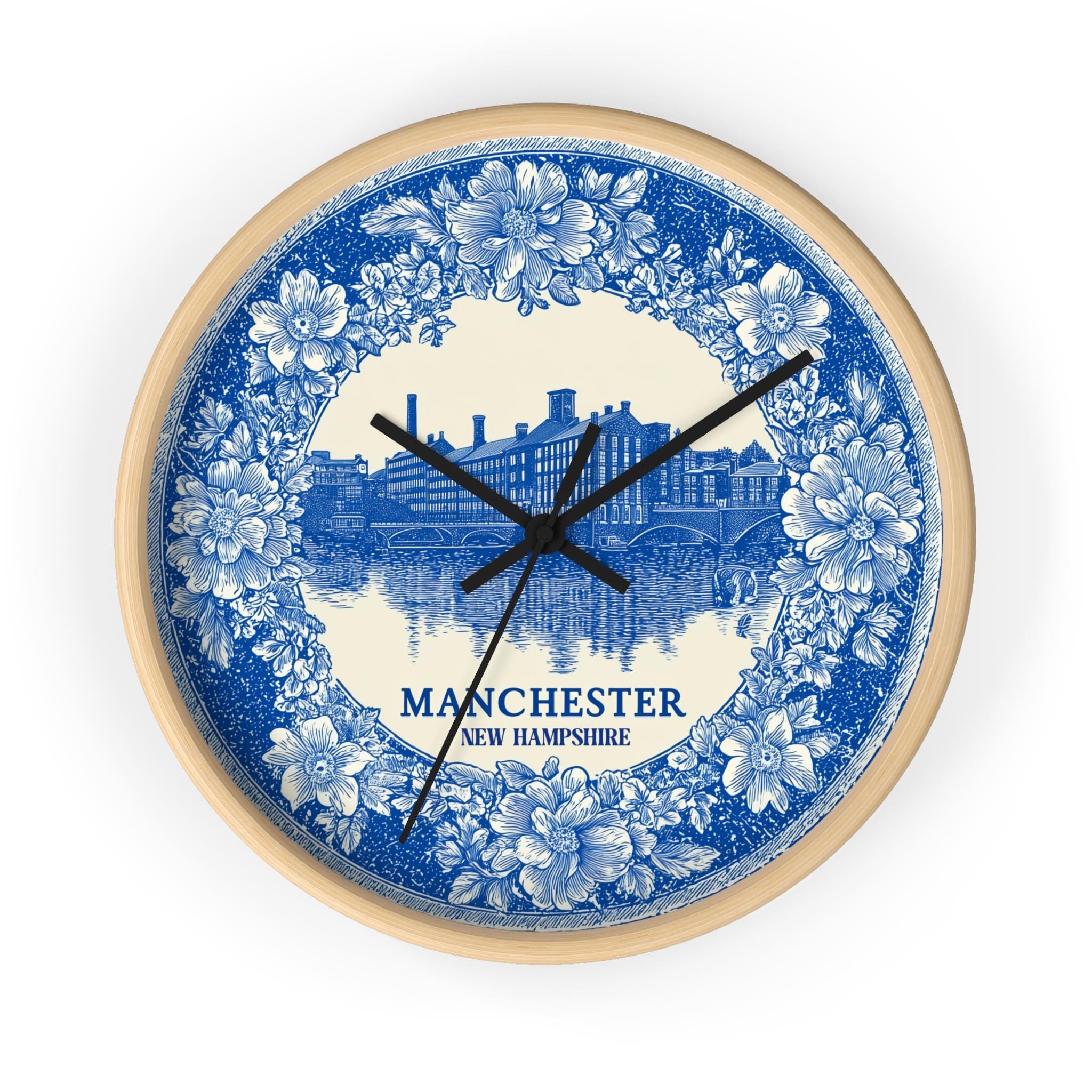 Manchester New Hampshire Wall Clock, Delf style Home Decor, Vintage City Travel Keepsake Art