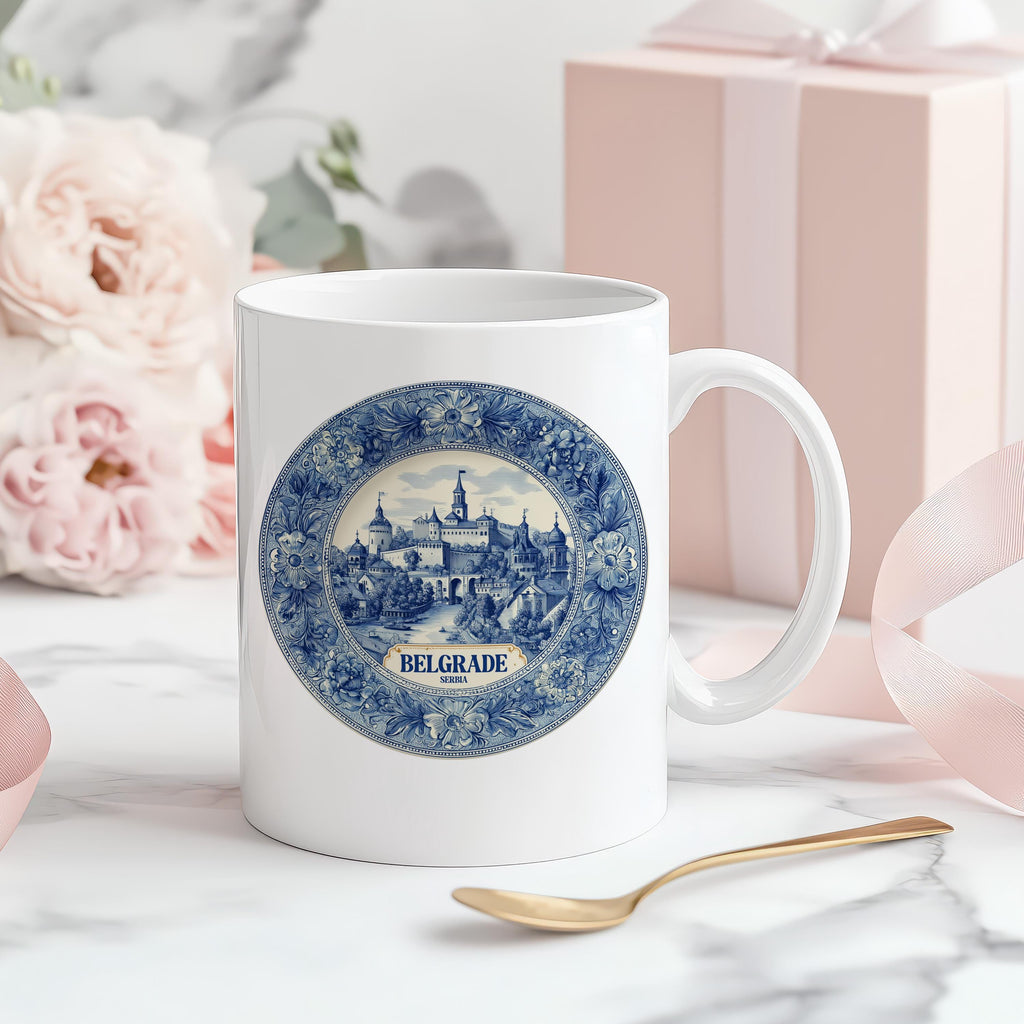 Belgrade Serbia Mug, Custom Delft Style cup, Personalized Vintage Travel City Gift