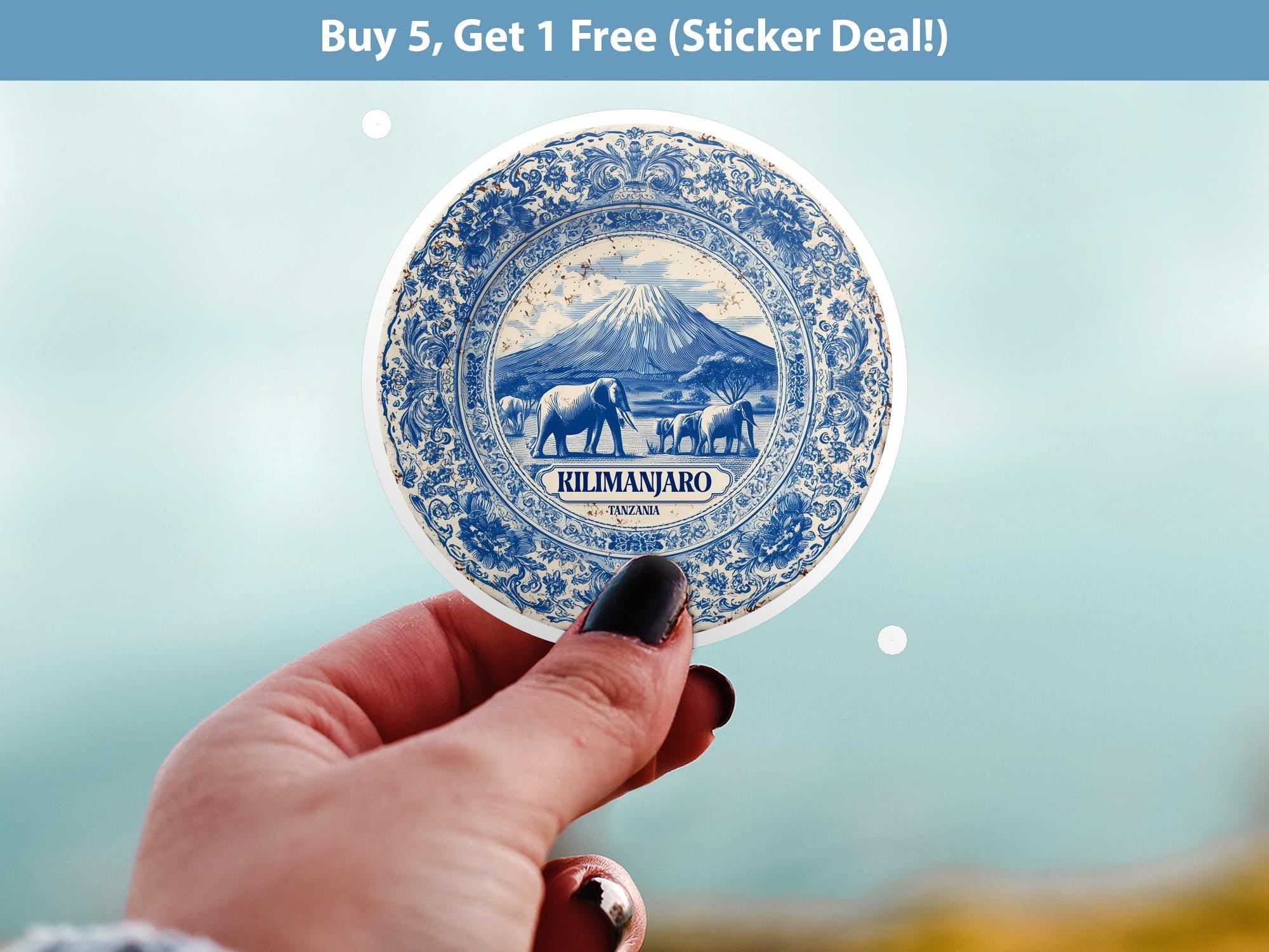 Kilimanjaro Tanzania Sticker Vintage Delft style, Delftware Decal Waterproof Vinyl, Blue City Travel