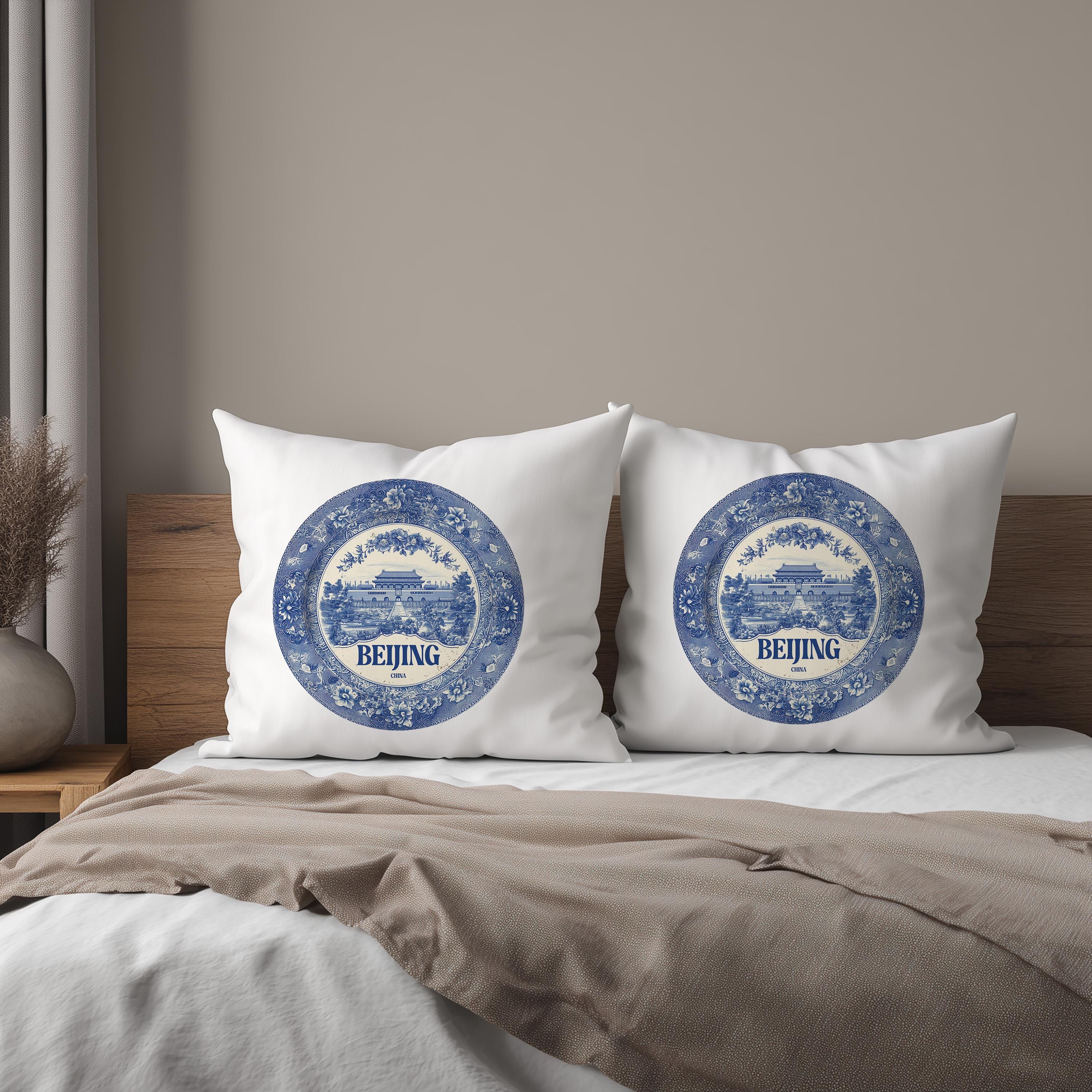 Beijing China Pillowcase, Delft Style Decorative Throw Pillow, Vintage Cityscape Retro Home Decor
