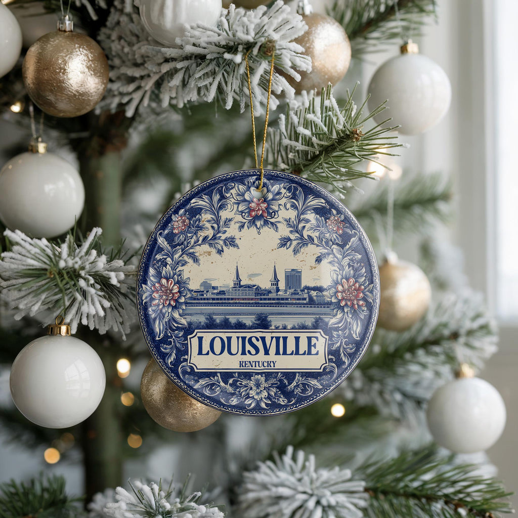 Custom Louisville Kentucky Ceramic Delft Ornament, Christmas Delftware Blue Delftware city travel