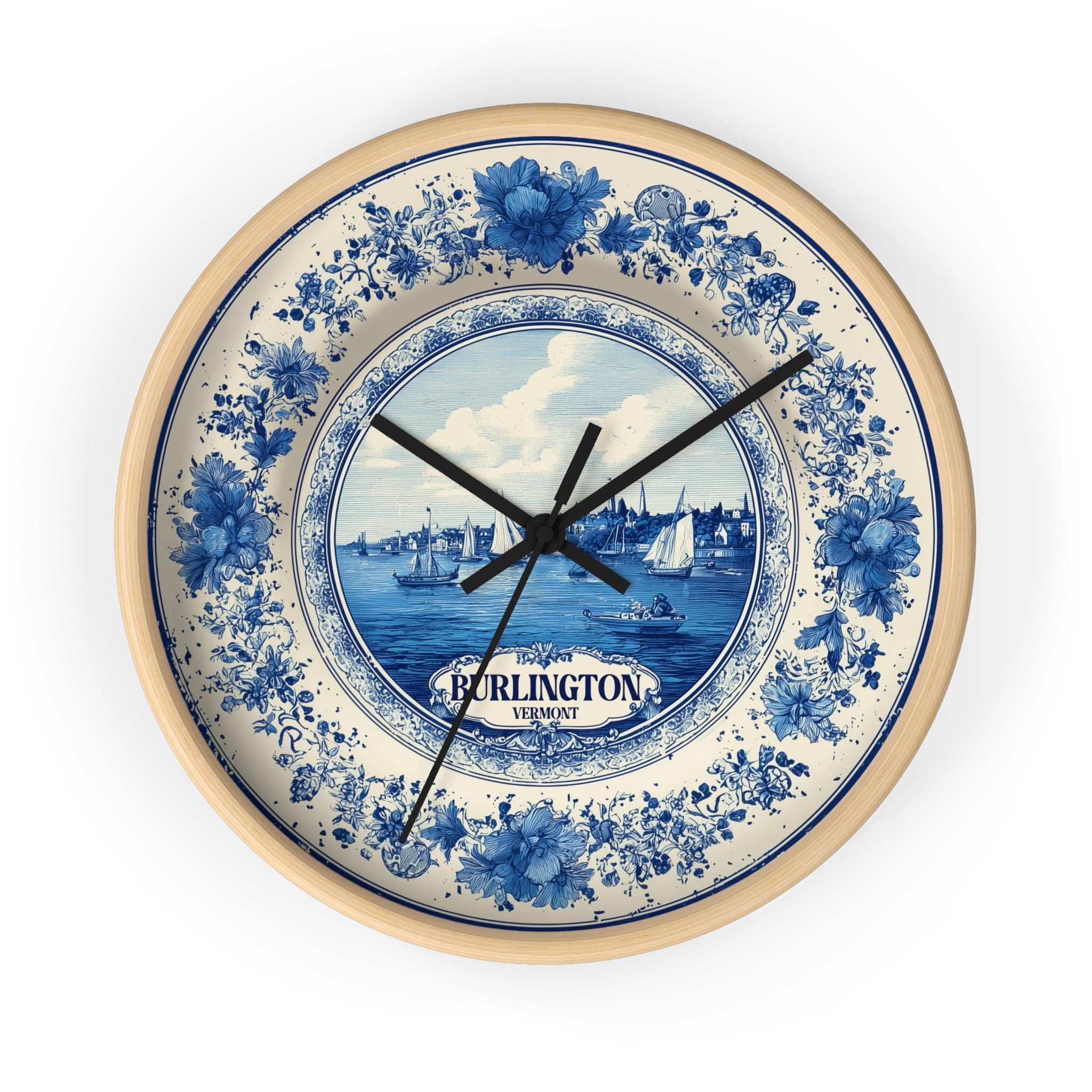 Burlington Vermont Wall Clock, Delf style Home Decor, Vintage City Travel Keepsake Art