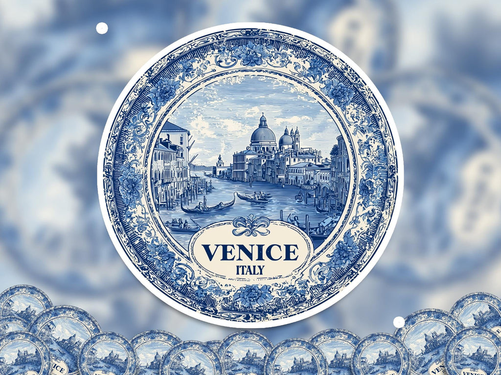 Venice Italy Sticker Vintage Delft style, Delftware Decal Waterproof Vinyl, Blue City Travel