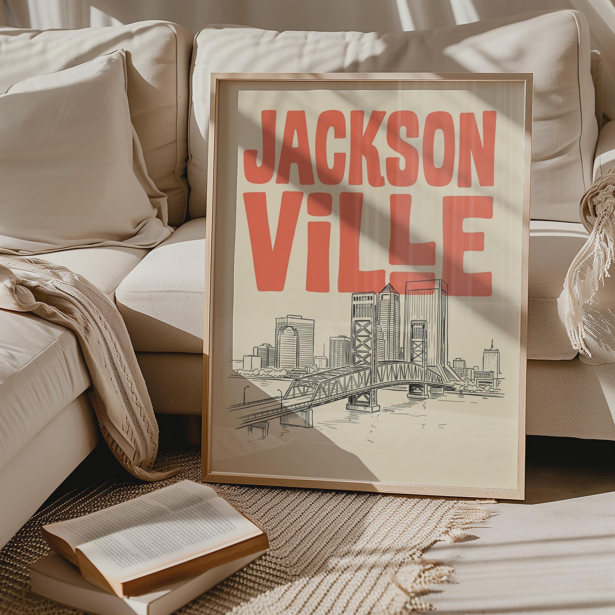 Jacksonville Florida Skyline Minimalist Wall Art, Framed Canvas Print, Retro City Decor