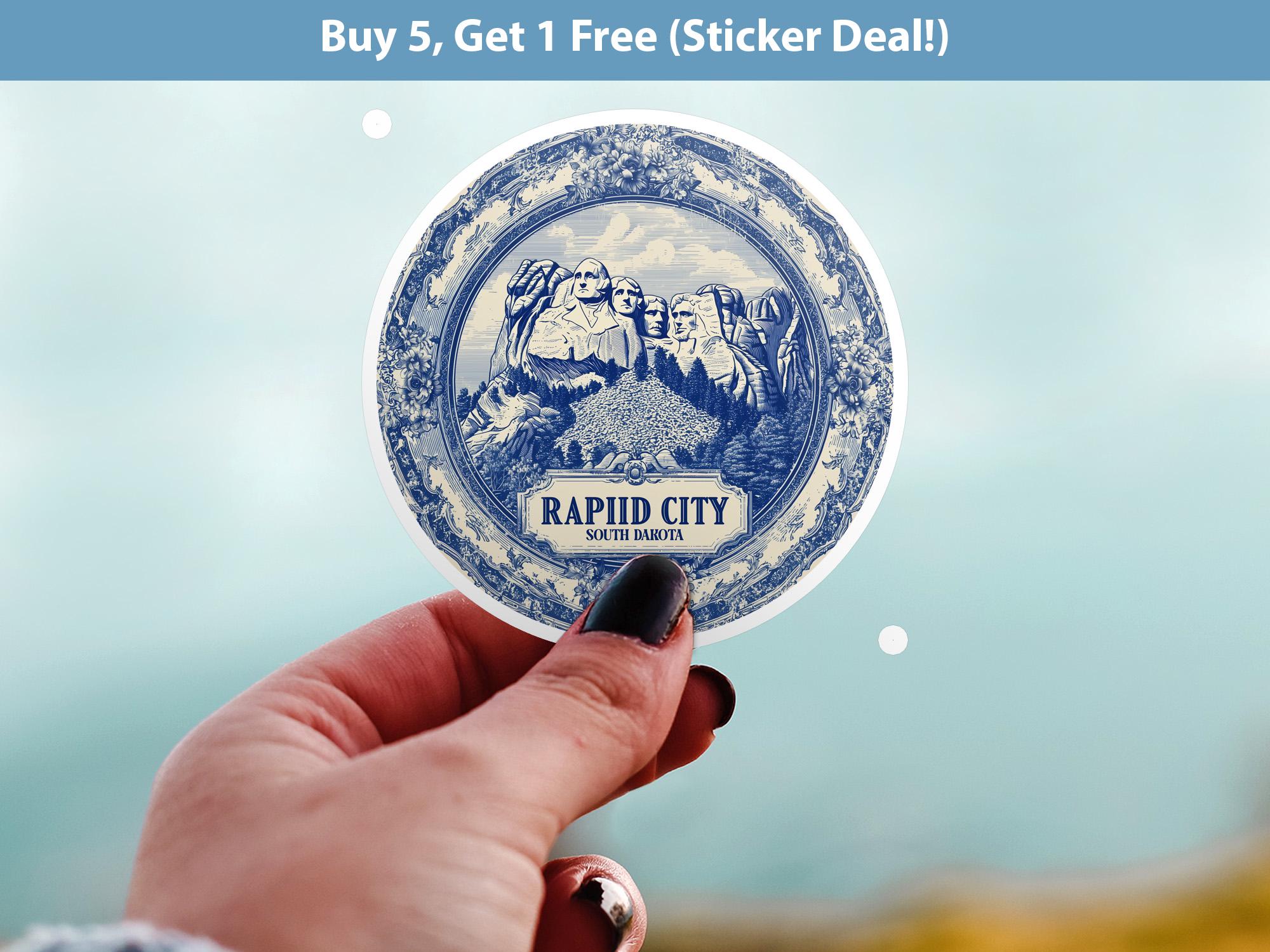 Rapid City South Dakota Sticker Vintage Delft style, Delftware Decal Waterproof Vinyl, Blue City Travel