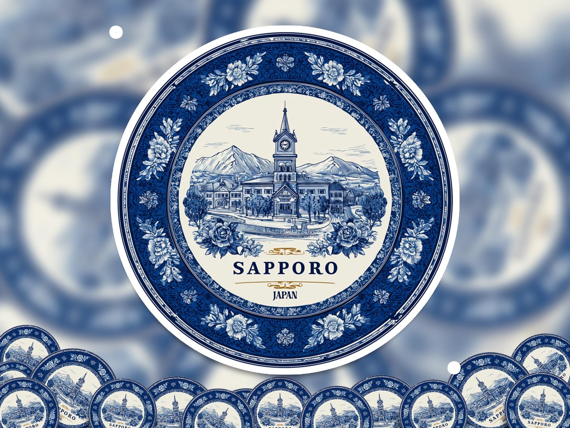 Sapporo Japan Sticker Vintage Delft style, Delftware Decal Waterproof Vinyl, Blue City Travel