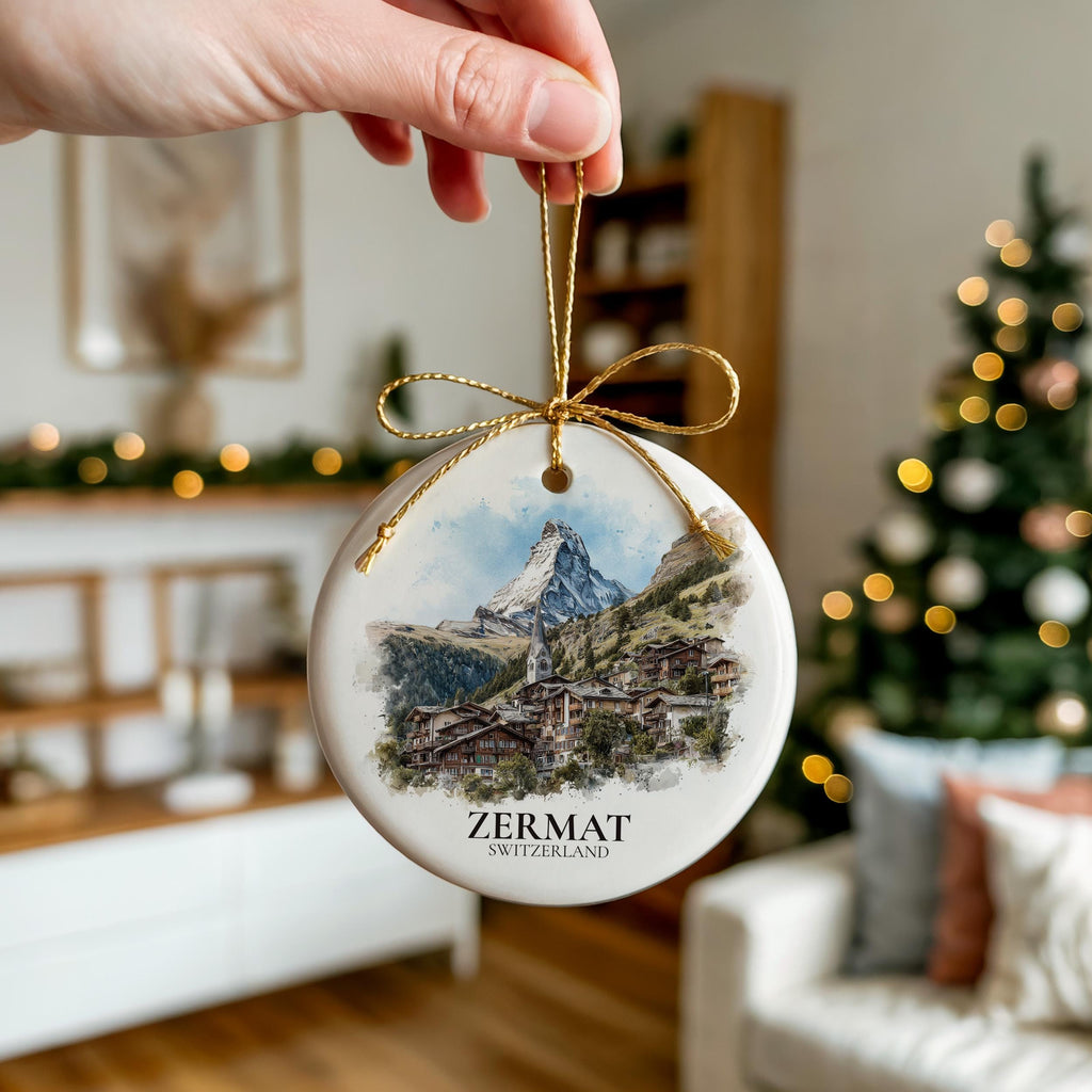 Zermatt Switzerland Personalized Watercolor Ornament, Custom Ceramic Christmas gift, Travel Keepsake