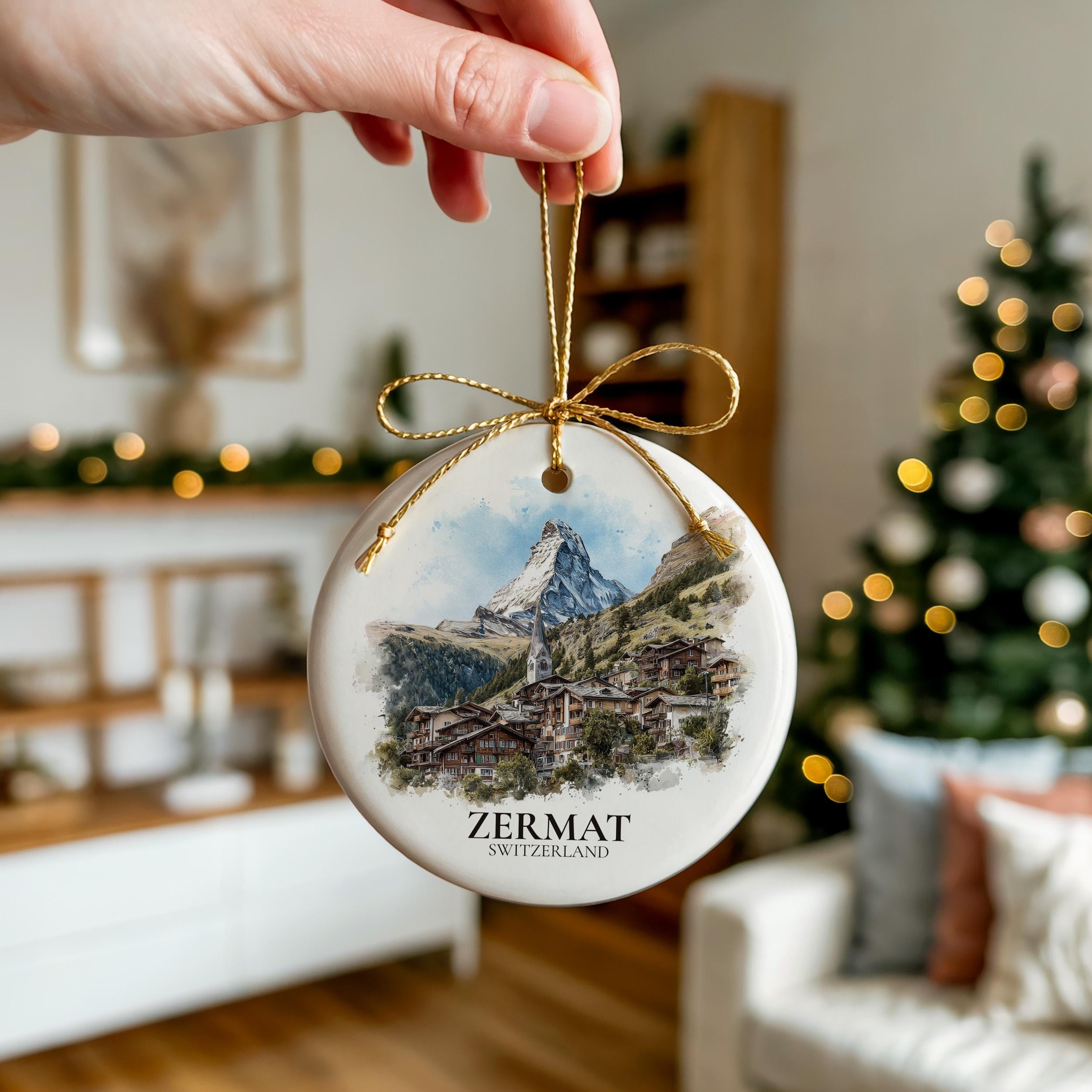 Zermatt Switzerland Personalized Watercolor Ornament, Custom Ceramic Christmas gift, Travel Keepsake