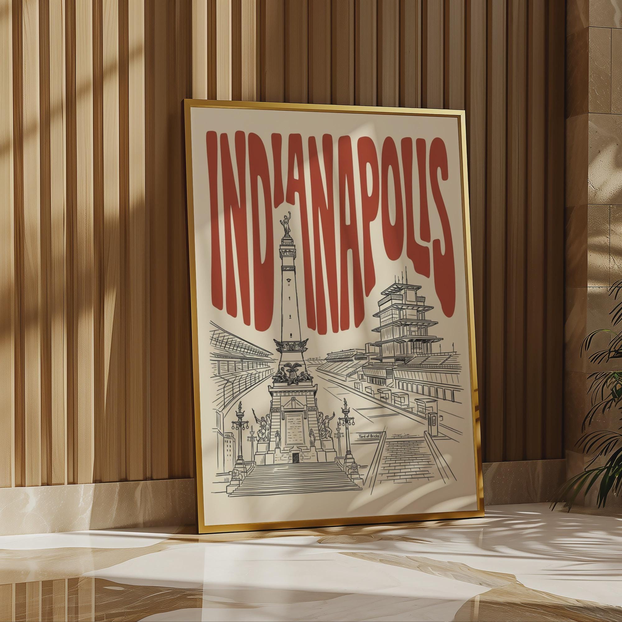 Indianapolis Wall Art, Minimalist Retro Skyline Framed Canvas Print, Indiana Home Decor
