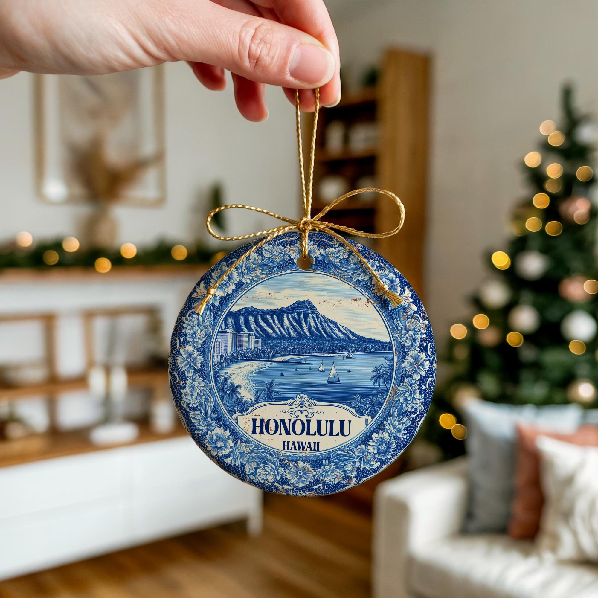 Custom Honolulu Hawaii Ceramic Delft Ornament, Christmas Delftware Blue Delftware city travel