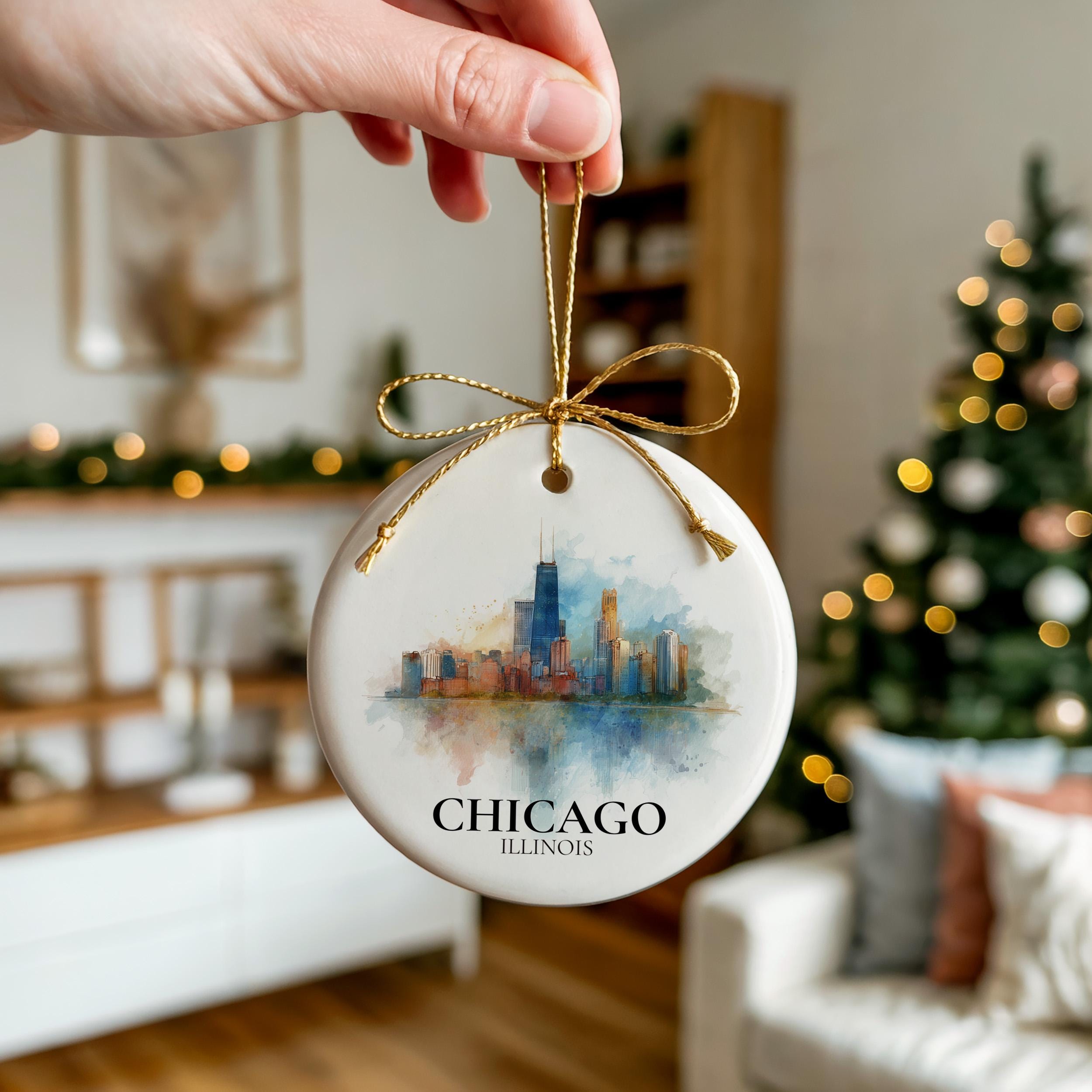 Chicago Illinois Personalized Watercolor Ornament, Custom Ceramic Christmas gift, Travel Keepsake