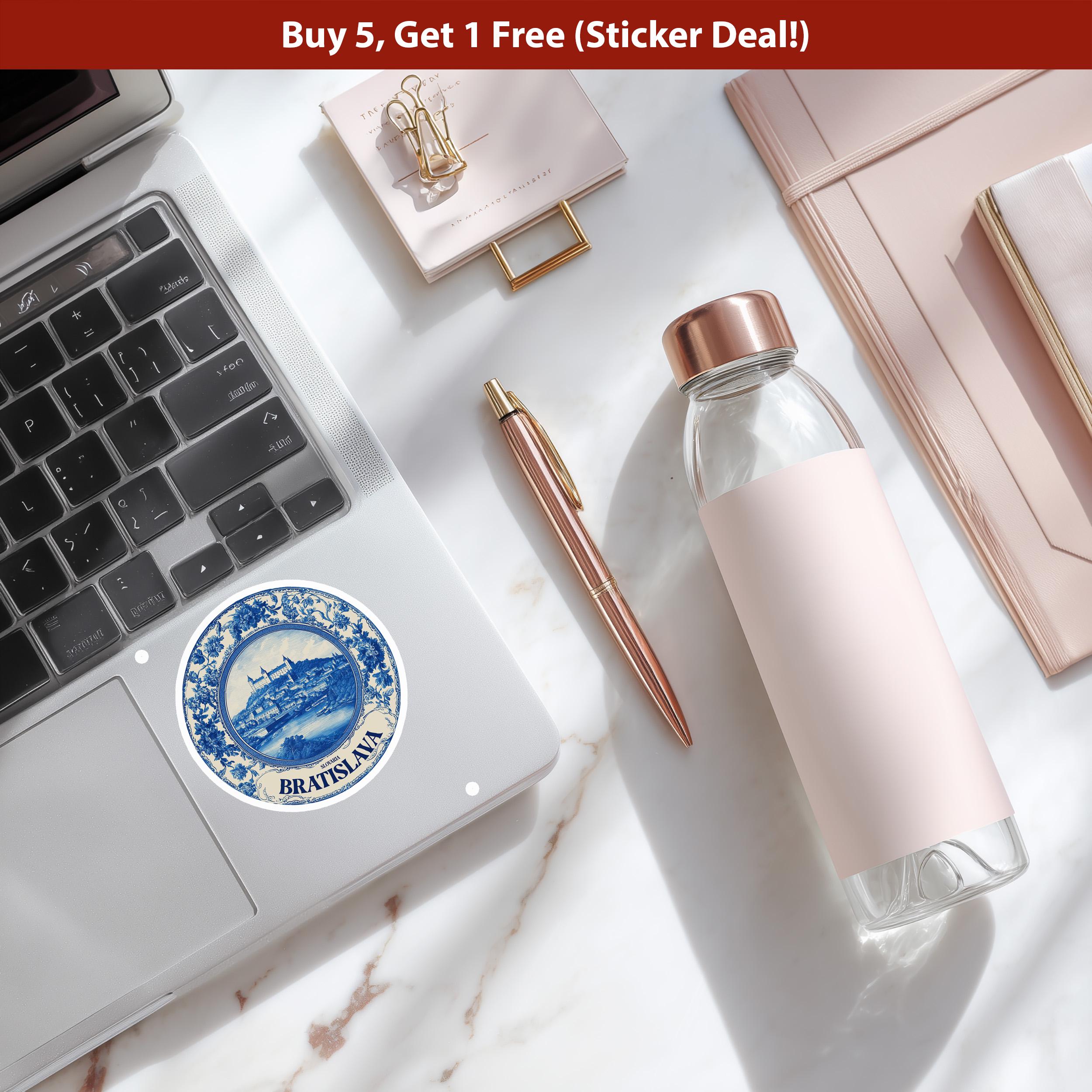 Bratislava Slovakia Sticker Vintage Delft style, Delftware Decal Waterproof Vinyl, Blue City Travel