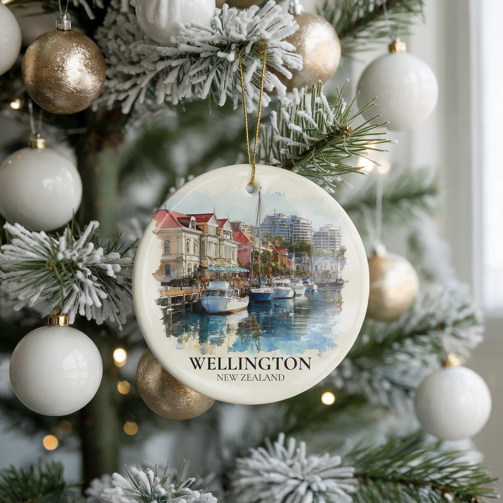 Wellington New Zealand Personalized Watercolor Ornament, Custom Ceramic Christmas gift, Travel Keepsake
