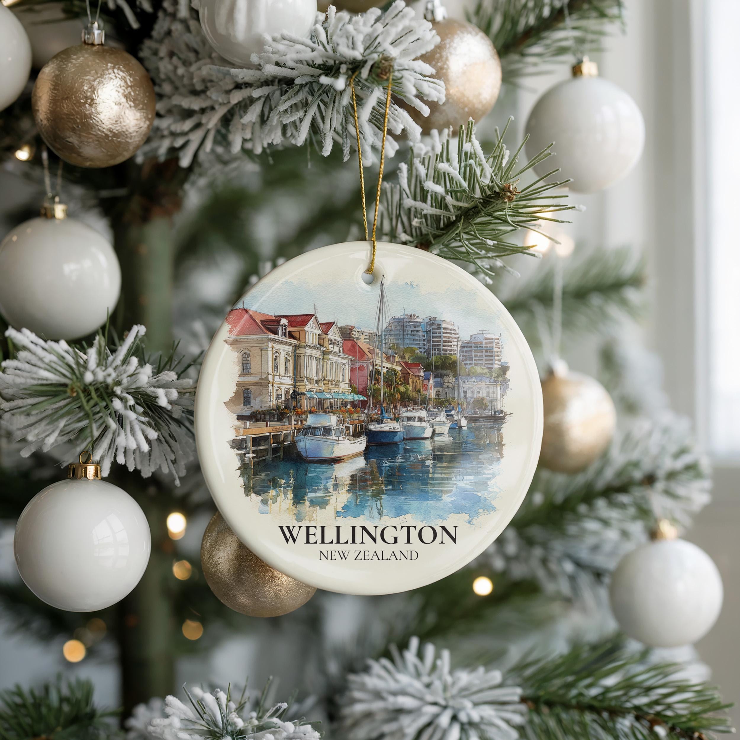 Wellington New Zealand Personalized Watercolor Ornament, Custom Ceramic Christmas gift, Travel Keepsake